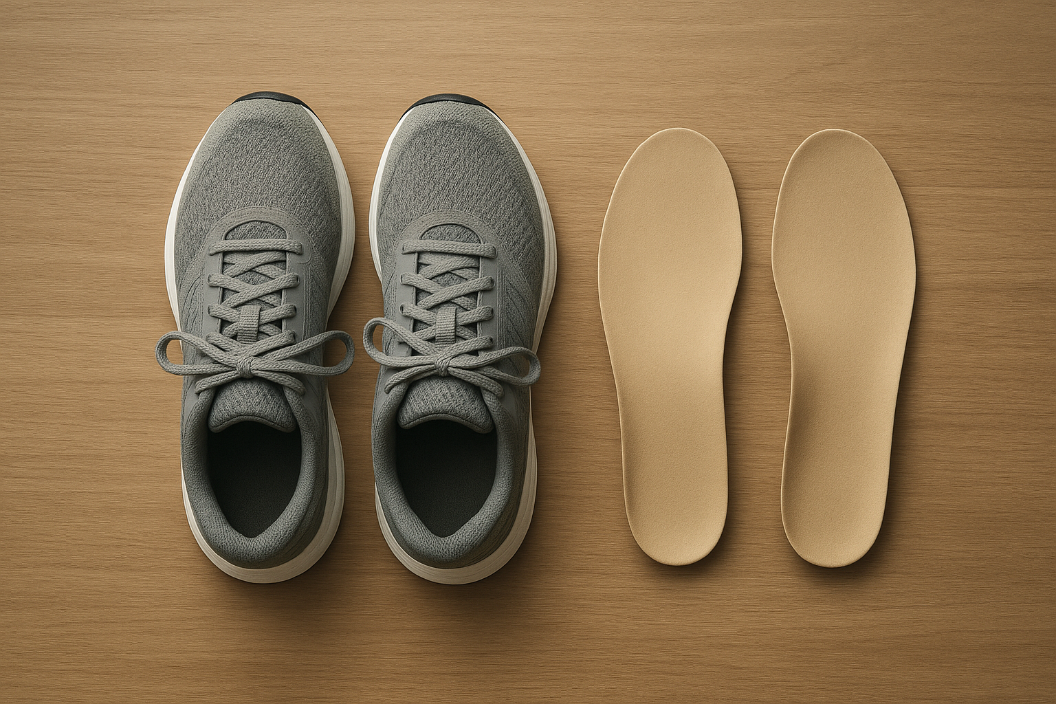 Pair of running shoes with custom orthotic insoles arranged for a fitting demonstration