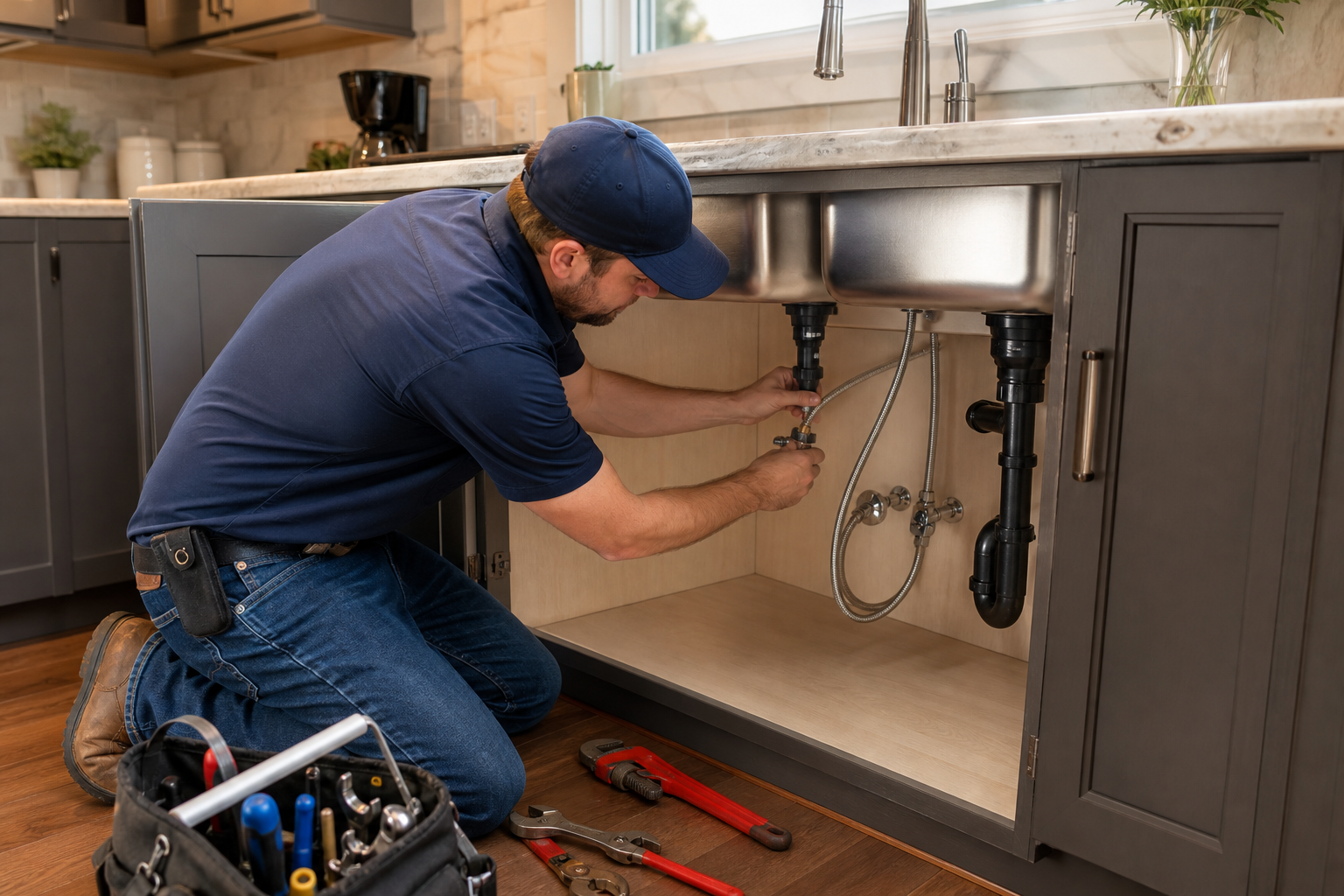66b078eb_kitchen-sink-installation-plumber-connecting-lines Plumber connecting water lines during kitchen sink installation in a Terrell home
