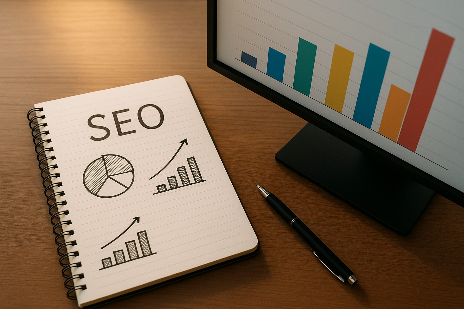 SEO analyst reviewing domain authority scores and backlink data on a desk workspace