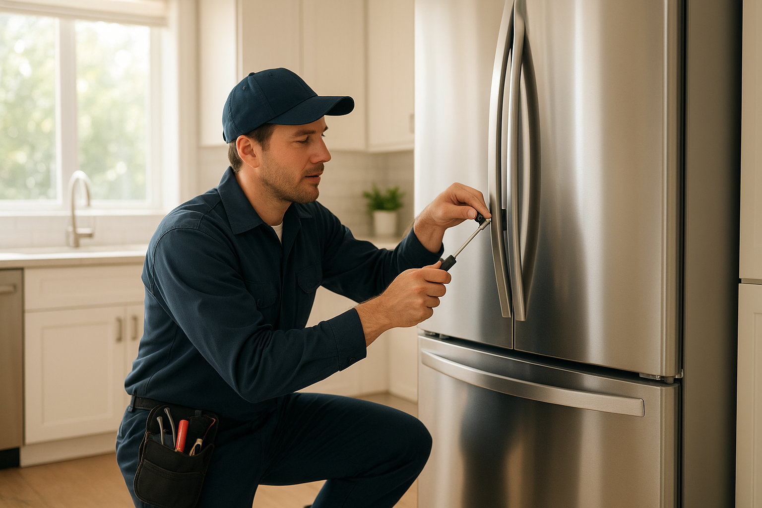 Technician performing residential appliance repair Santa Rosa homeowners rely on for a kitchen refrigerator