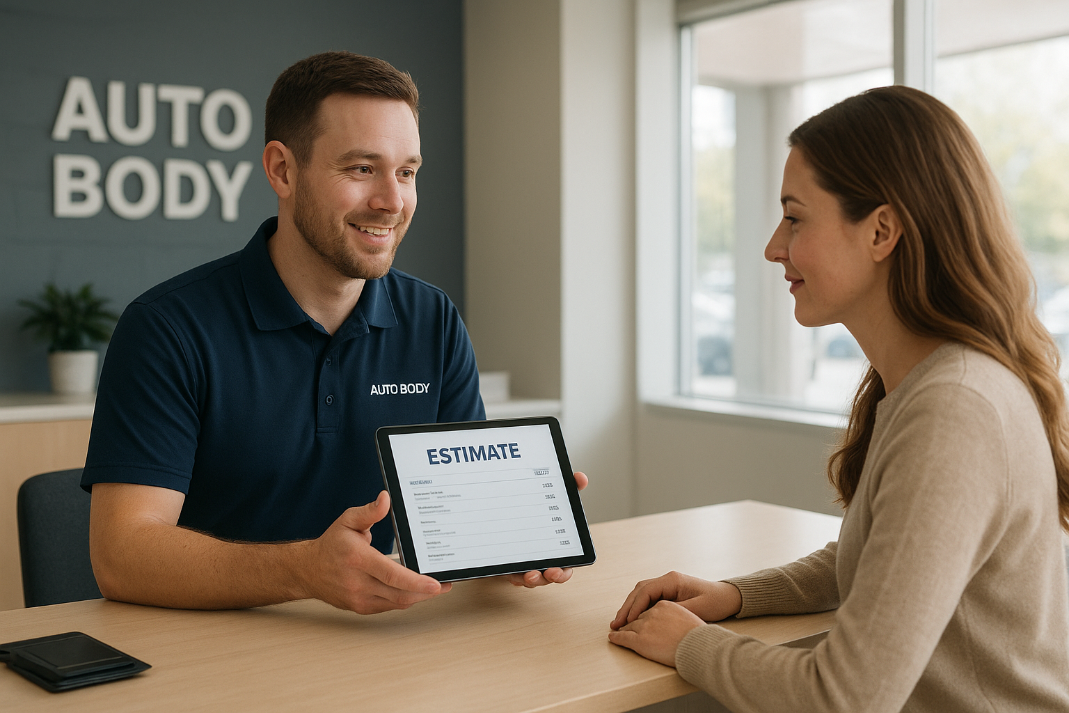 Service advisor reviewing auto body repair estimate with a customer at a collision center