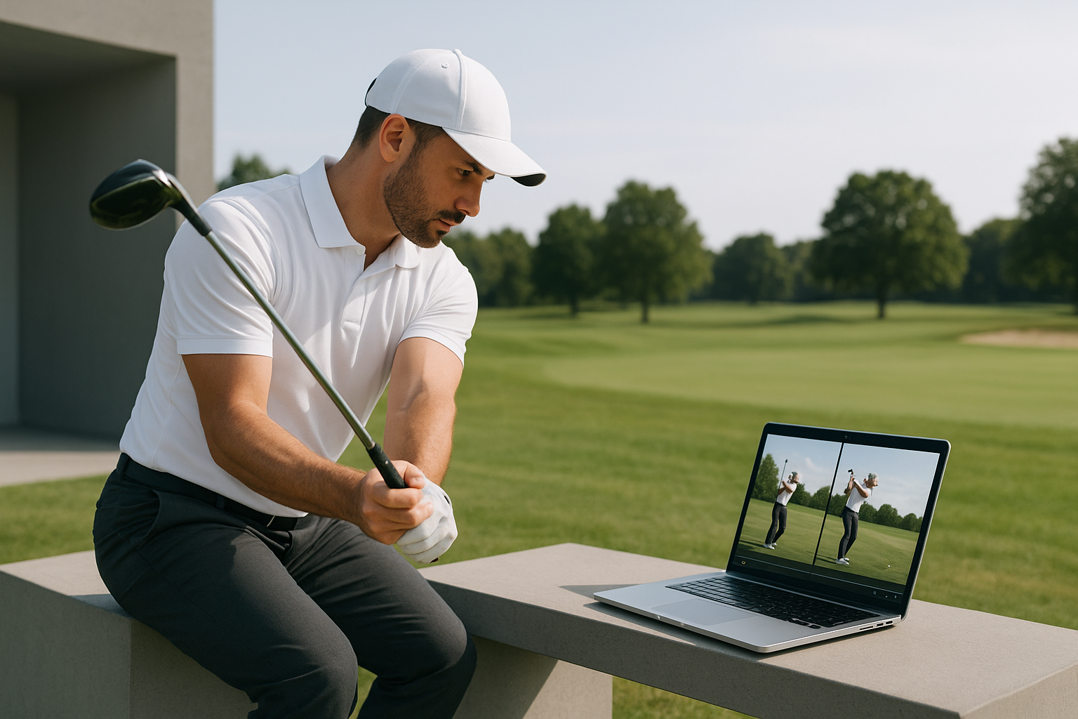 Golfer reviewing remote swing analysis feedback on a laptop during an online coaching session