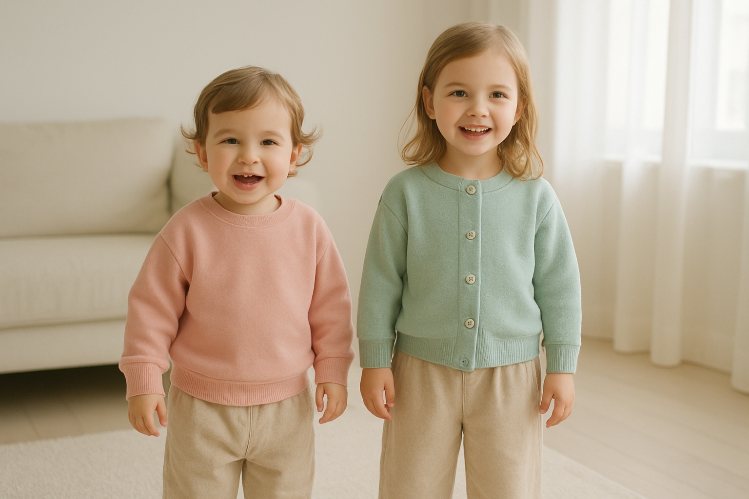 Young children wearing affordable luxury kids fashion in soft pastel premium outfits