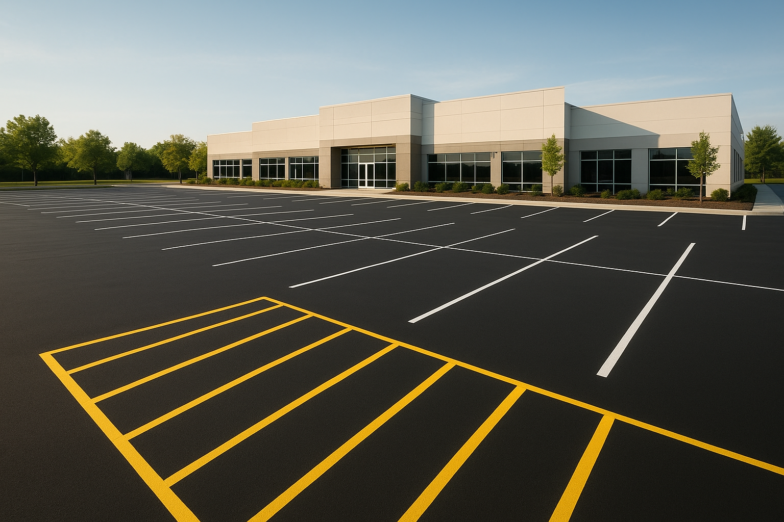 Freshly painted commercial parking stalls showing quality parking lot striping denton tx