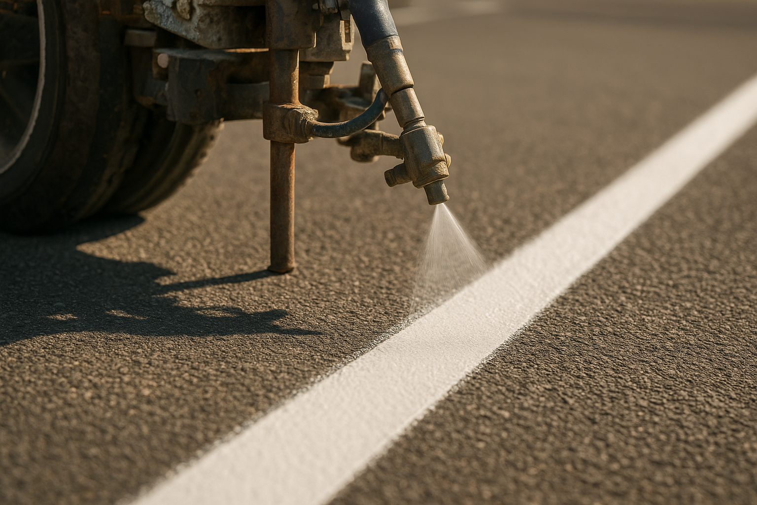 Close-up of a professional striping machine applying white traffic paint to asphalt during a parking lot striping project