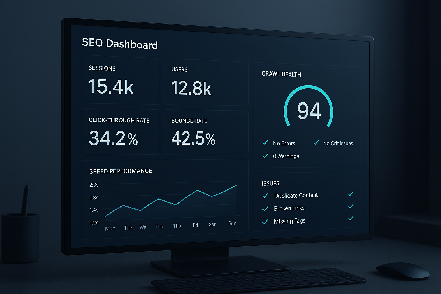 Automated technical SEO fixes for WordPress sites shown on a modern analytics dashboard