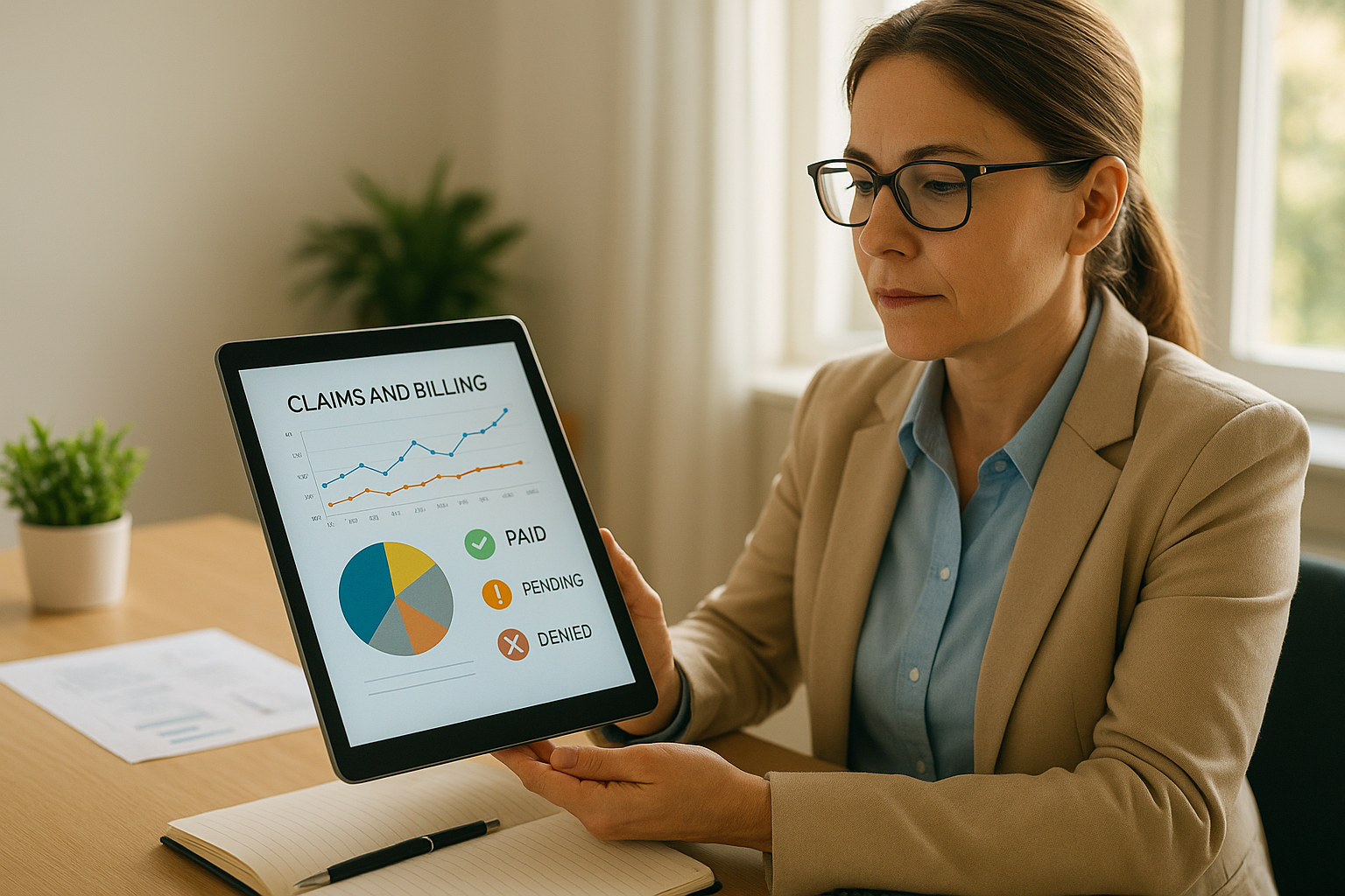 Administrator reviewing insurance claims and revenue cycle data on a tablet