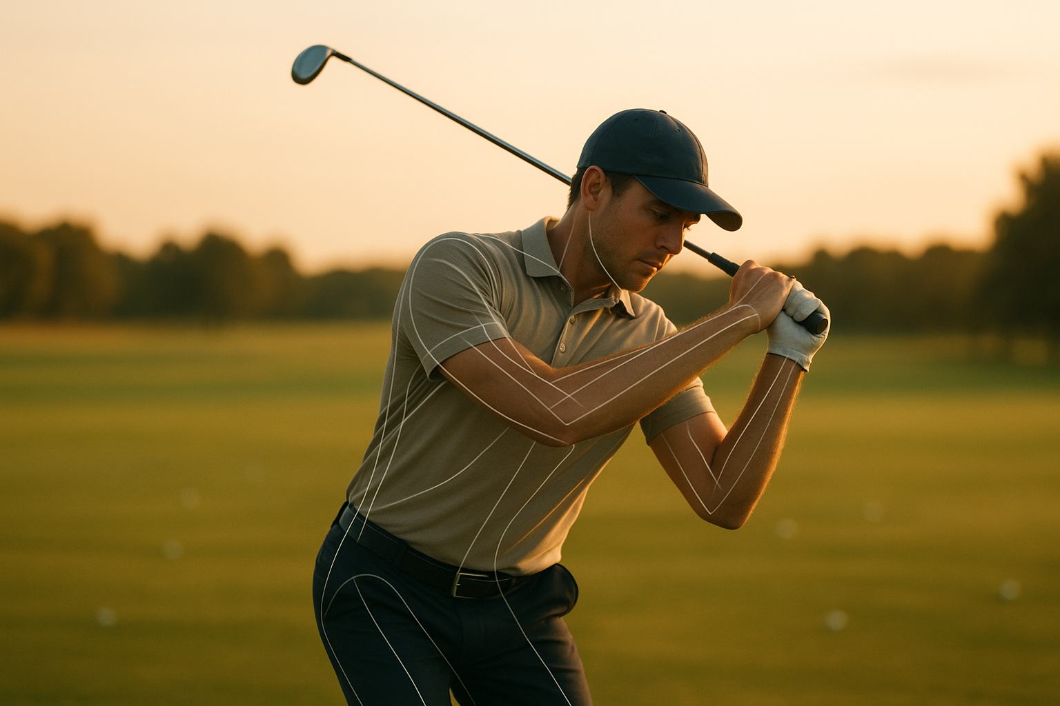 Golfer practicing high performance golf training with swing analysis overlay
