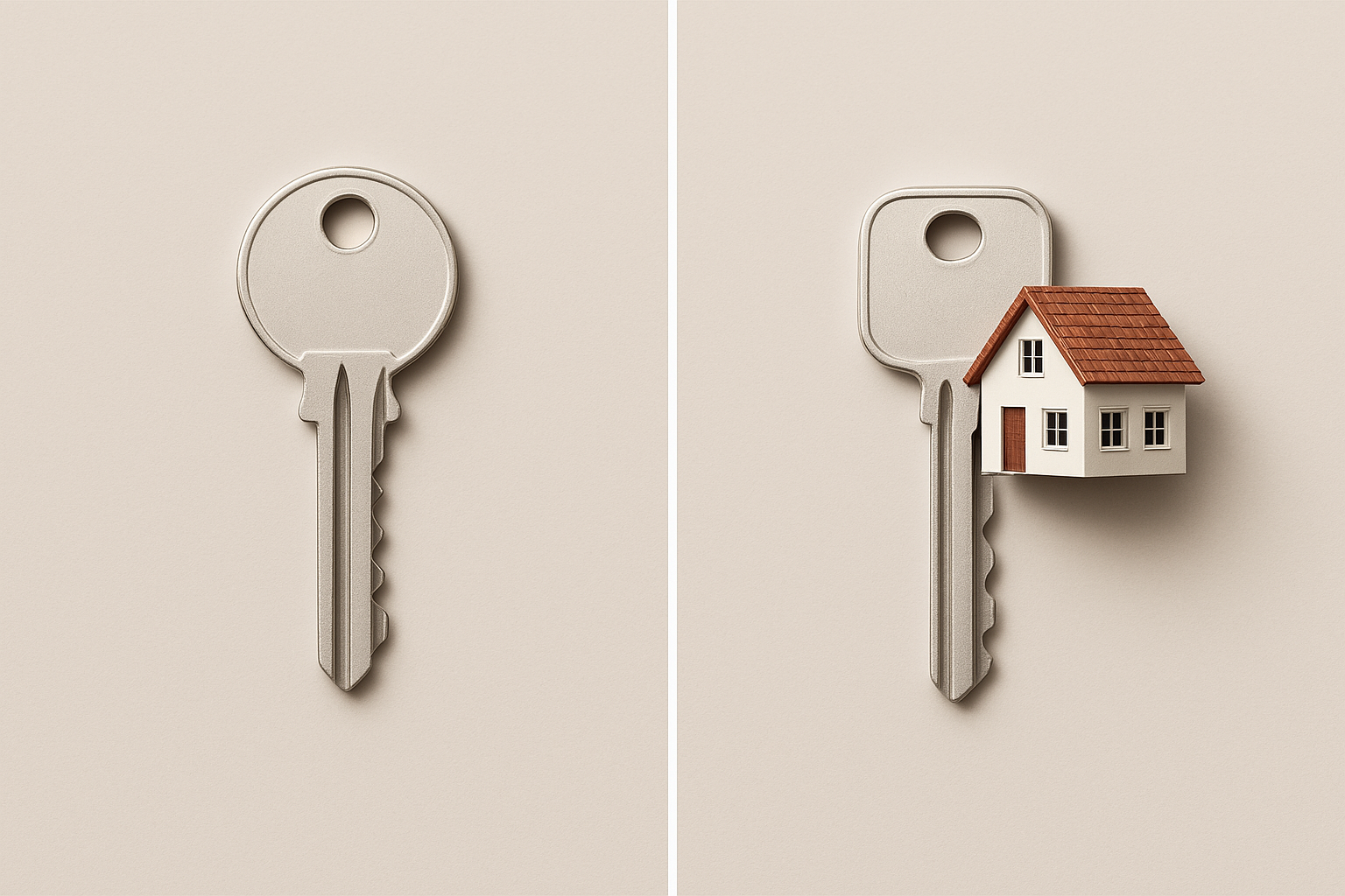 Apartment key versus house key representing the choice between renting and buying a home