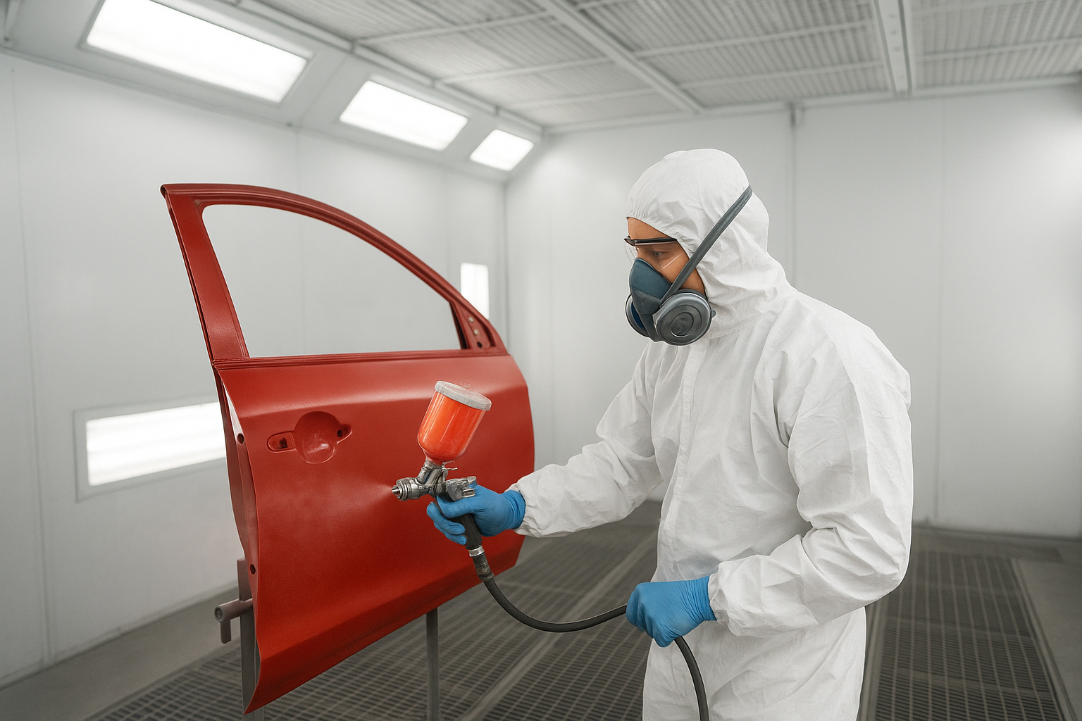 Technician spray painting a vehicle panel inside a professional auto body paint booth