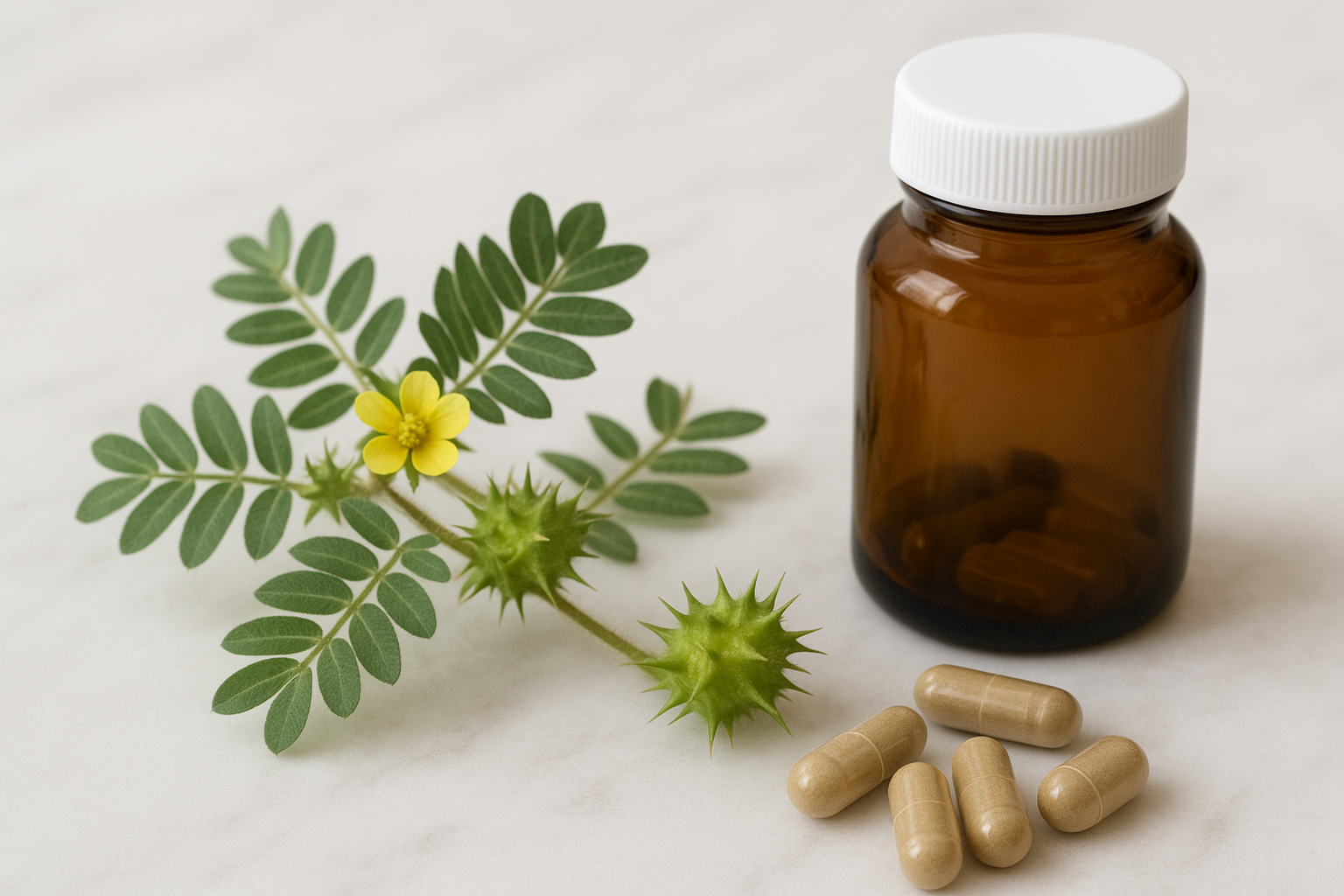 Tribulus terrestris plant next to tribulus testosterone booster supplement capsules on a marble surface