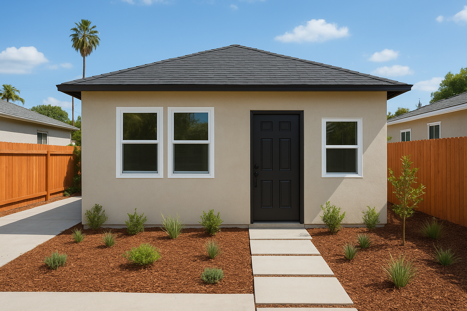 Exterior of a detached Los Angeles garage conversion ADU with new windows, stucco finish, and landscaped entrance