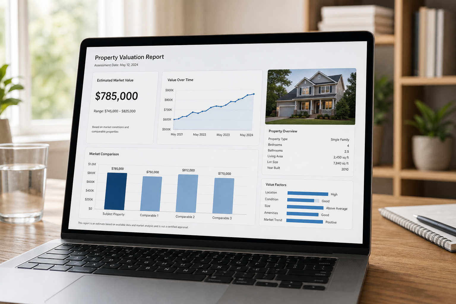 Laptop screen displaying a property valuation report with comps and repair cost estimates
