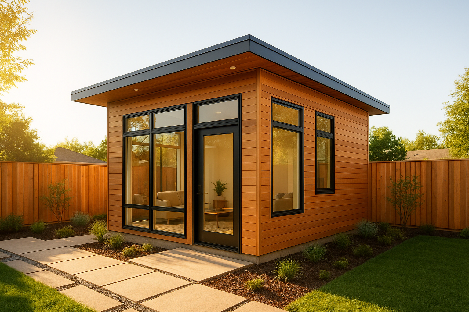 The ADU Pro guide showing a modern detached accessory dwelling unit in a residential backyard