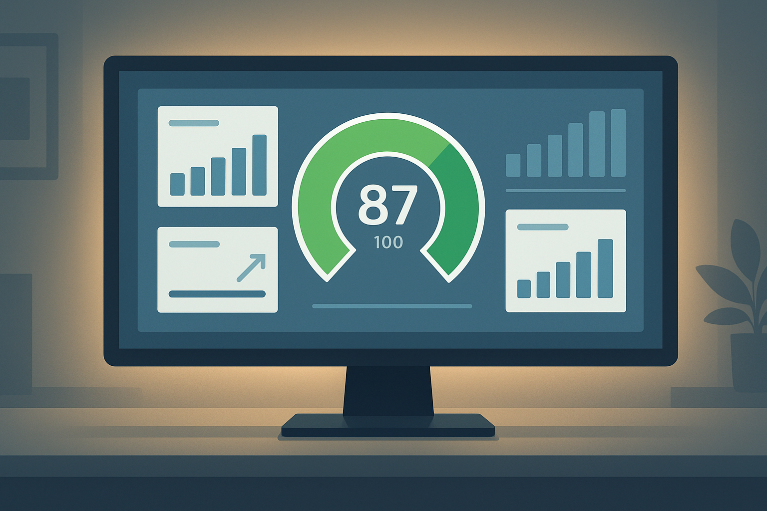 Digital dashboard showing a good SEO score of 87 out of 100 with green performance metrics
