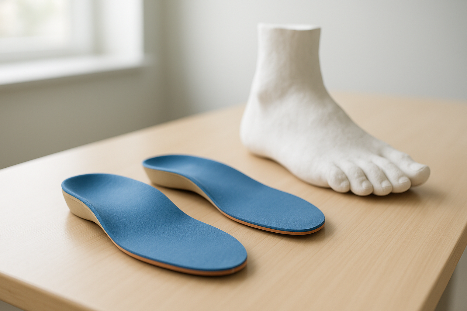Tailored foot supports for pain relief displayed beside a plaster foot mold