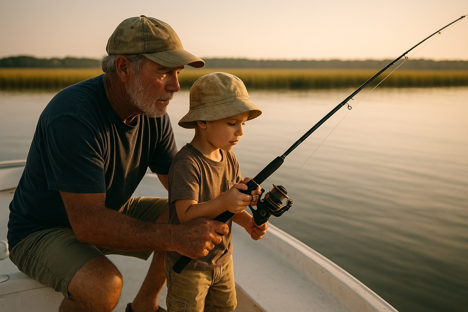 Captain guiding a child through hands on fishing lessons North Myrtle Beach aboard a private charter boat