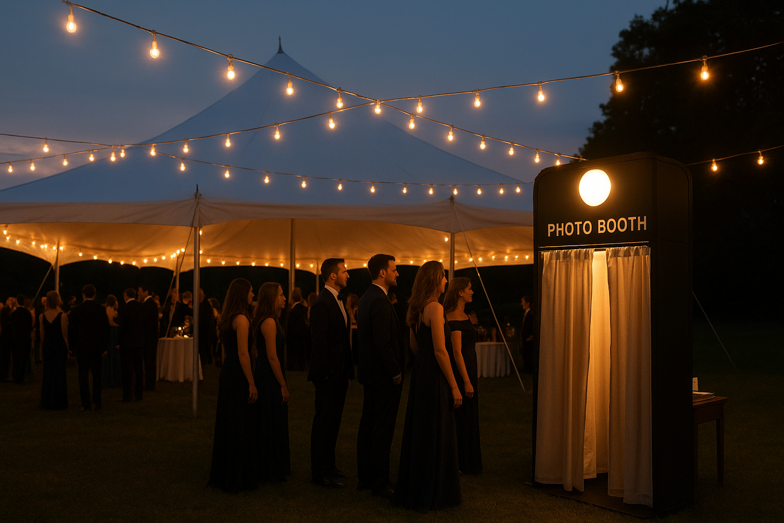 Photo booth setup positioned under cover at an outdoor evening event with a line of guests