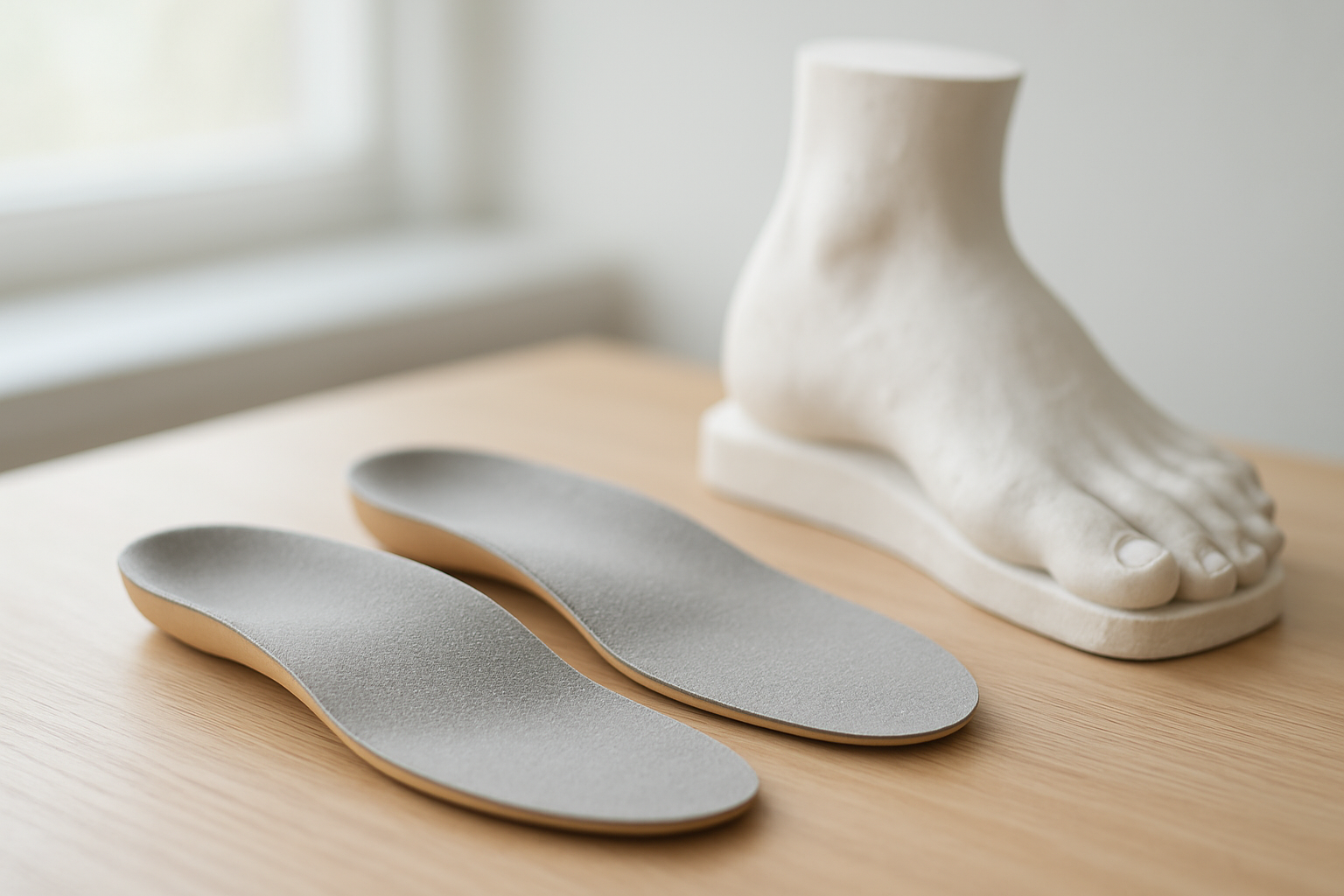 Podiatrist recommended insoles displayed next to a custom foot mold