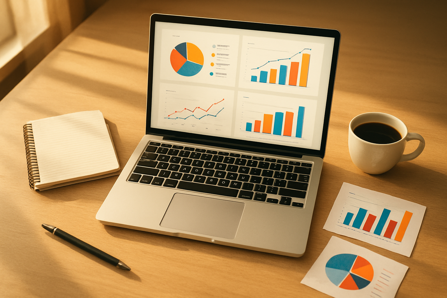 Marketing professional reviewing AI-powered analytics dashboards and campaign performance data on a laptop