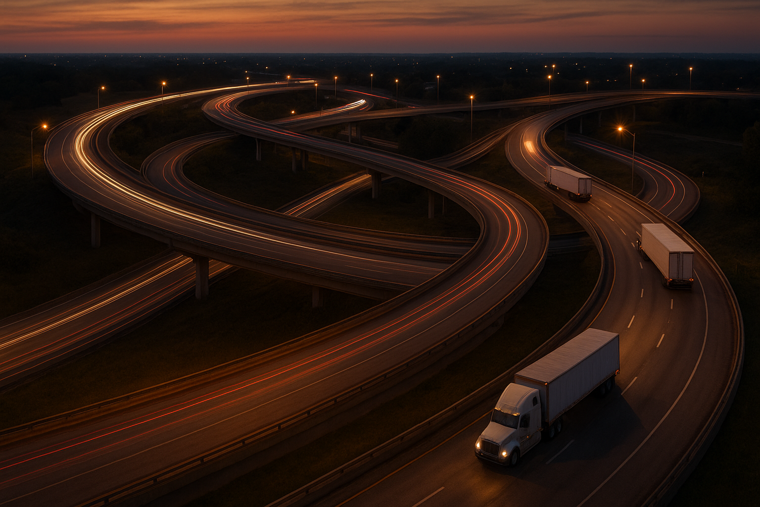 Highway interchange with semi-trucks representing a nationwide LTL freight carrier network