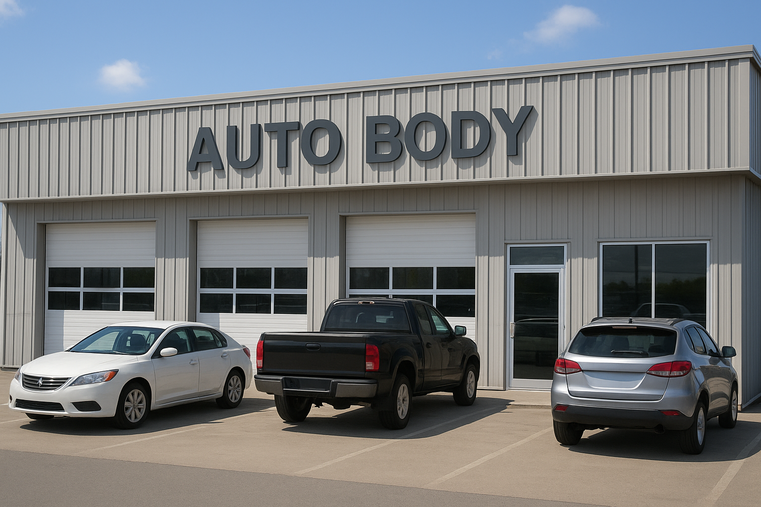 Exterior of an Orange County auto body shop specializing in collision and hail repair