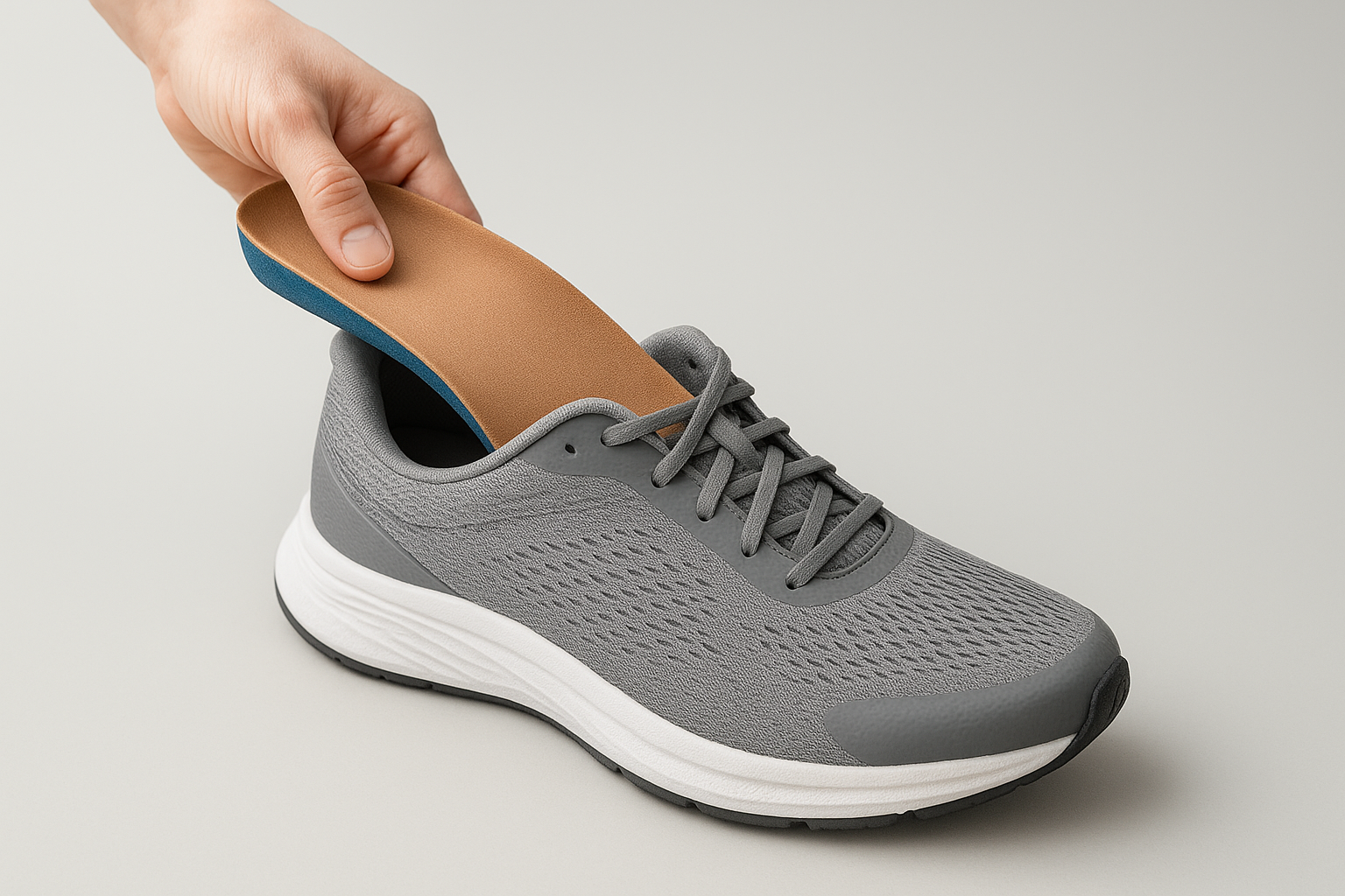 Affordable sports orthotics being fitted into a running shoe