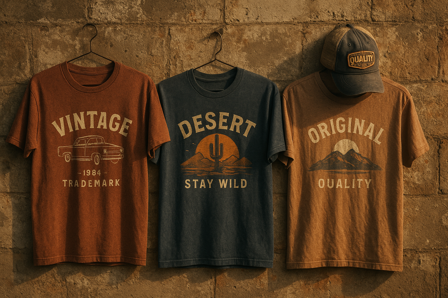 Folded motor culture clothing including graphic tees and a cap in a garage setting