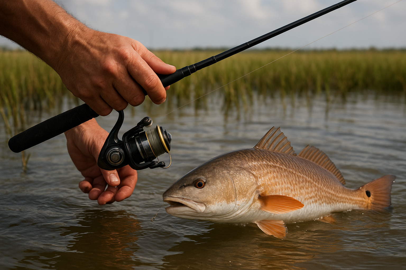 Angler reeling in a redfish during an inshore fishing trip near shallow marsh water