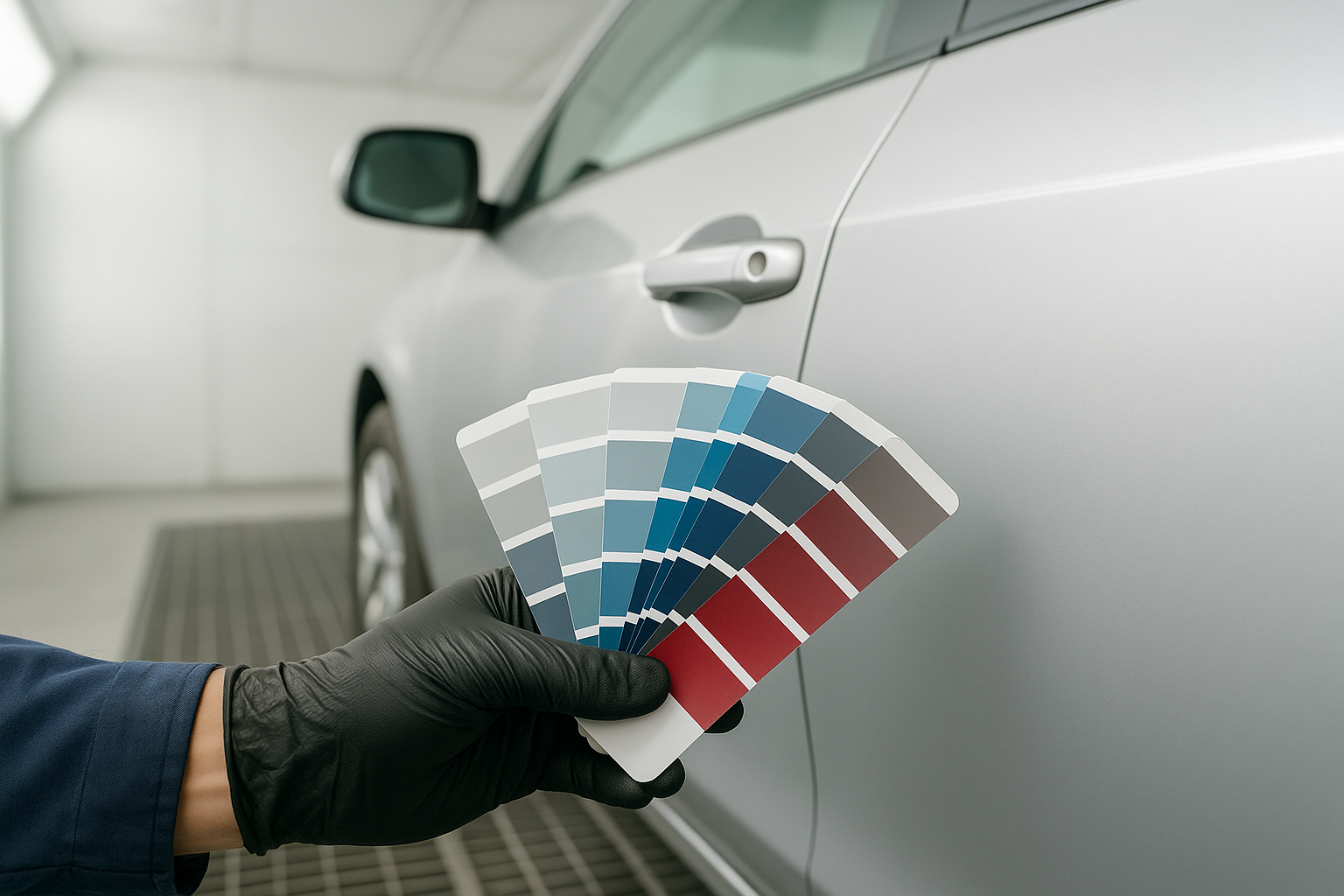 Technician comparing paint color swatches for custom auto body paint Orange County color matching