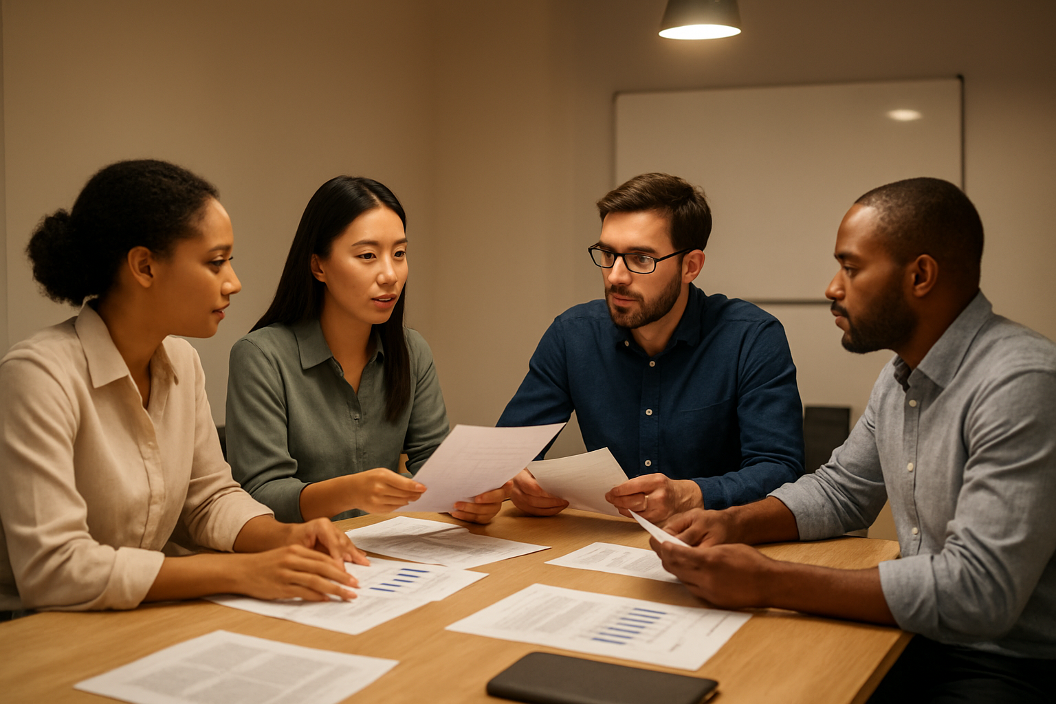 Formal leadership training workshop with managers collaborating around a conference table