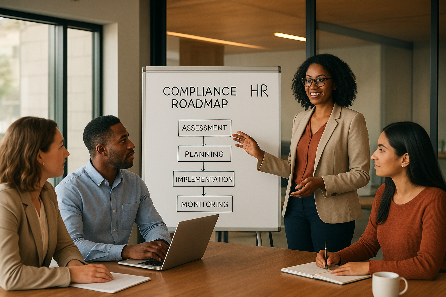 Small business team working with an HR consultant to understand employer legal obligations and compliance requirements
