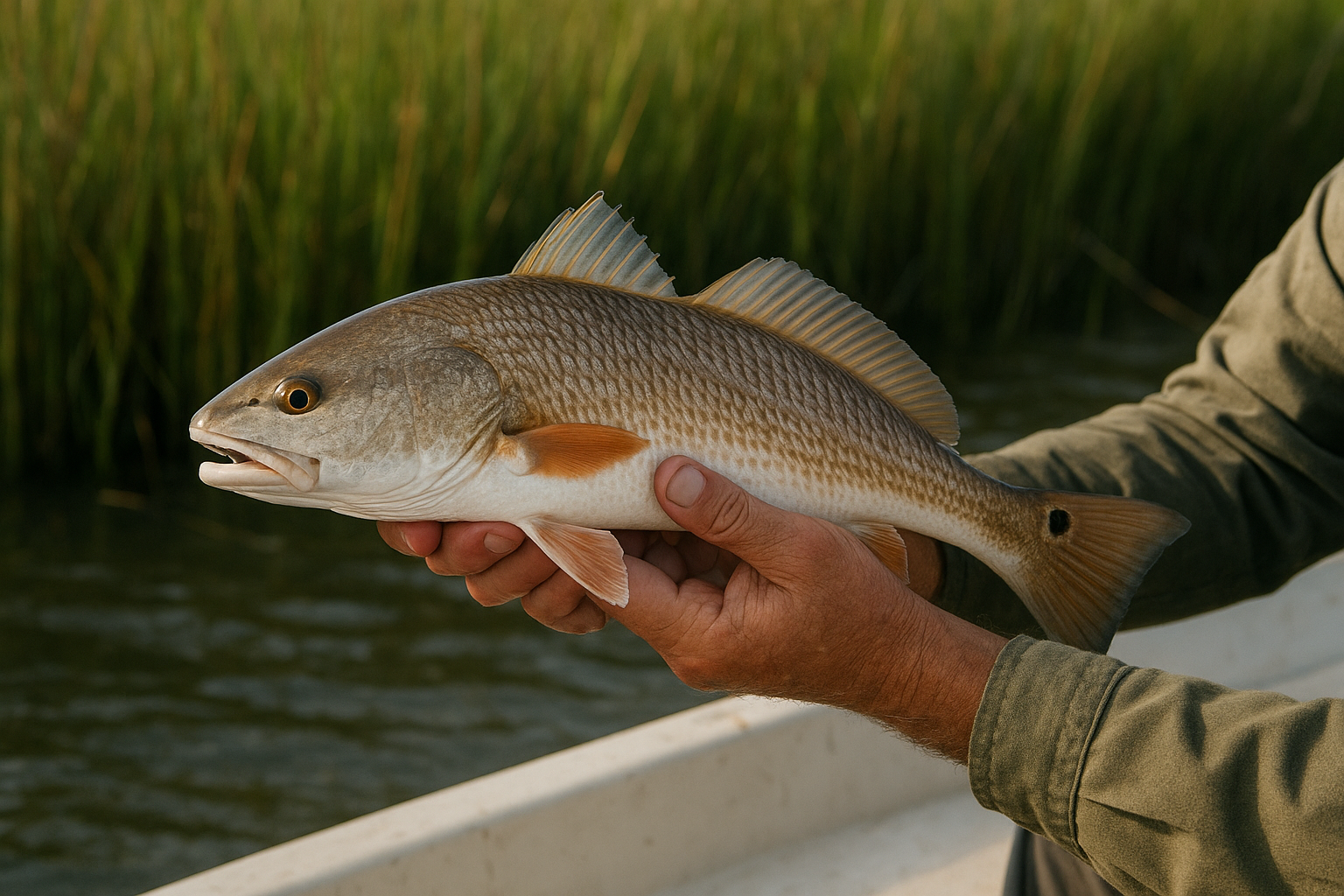 Angler holding a redfish caught near Cherry Grove Inlet marsh grass