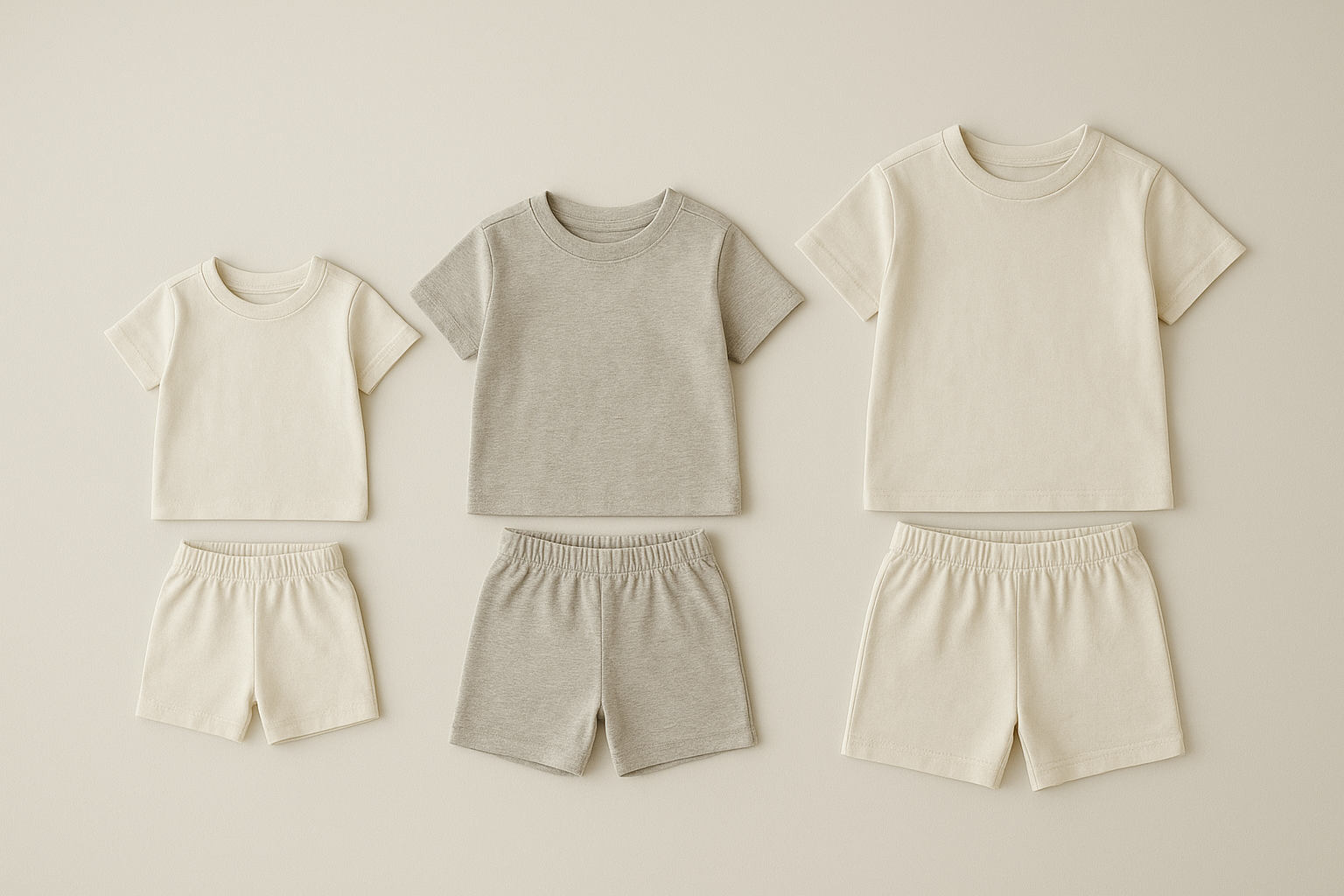Flat lay of children's clothes in different sizes showing a rotating rental wardrobe