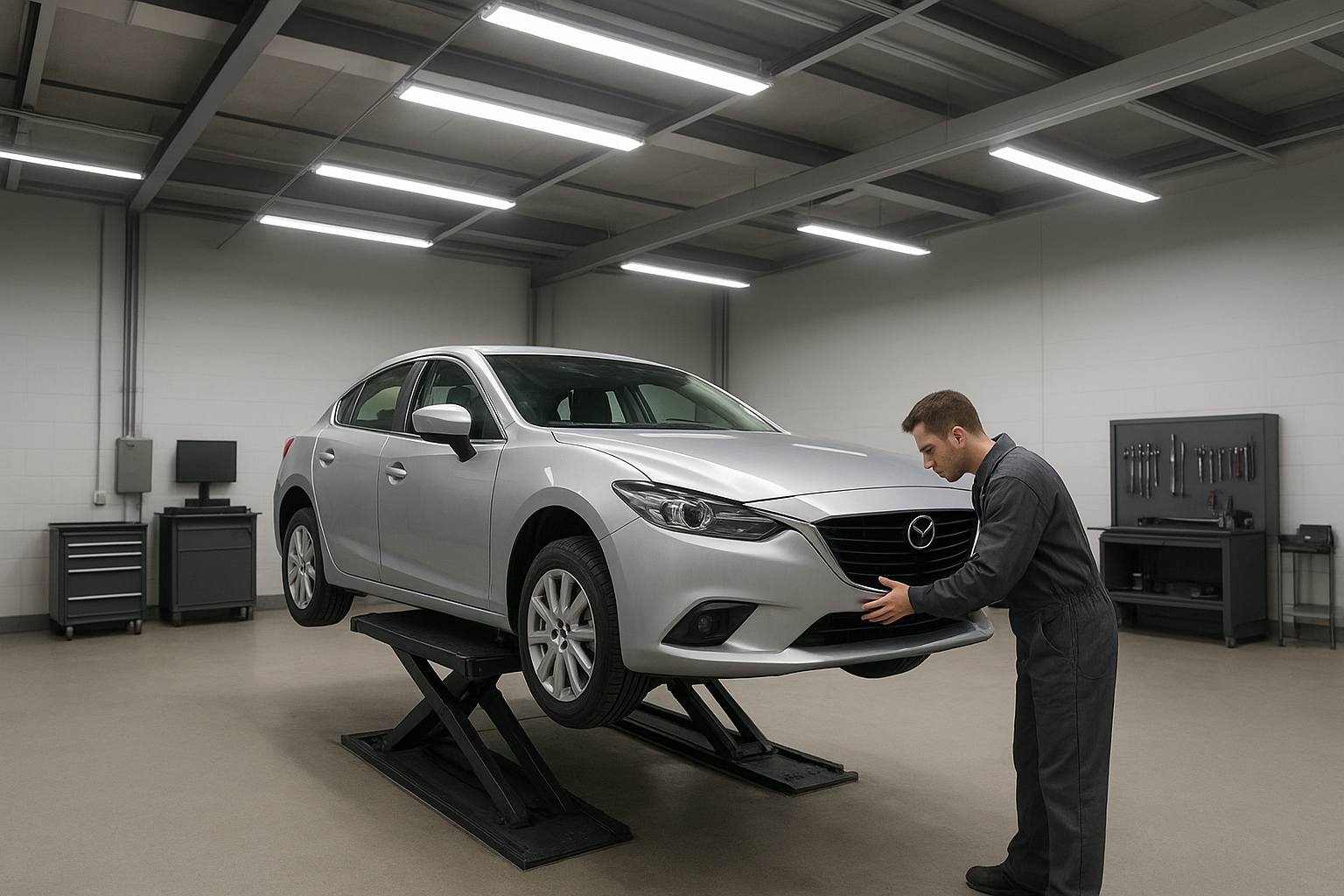 Technician inspecting a car during vehicle restoration services Orange County shop bay