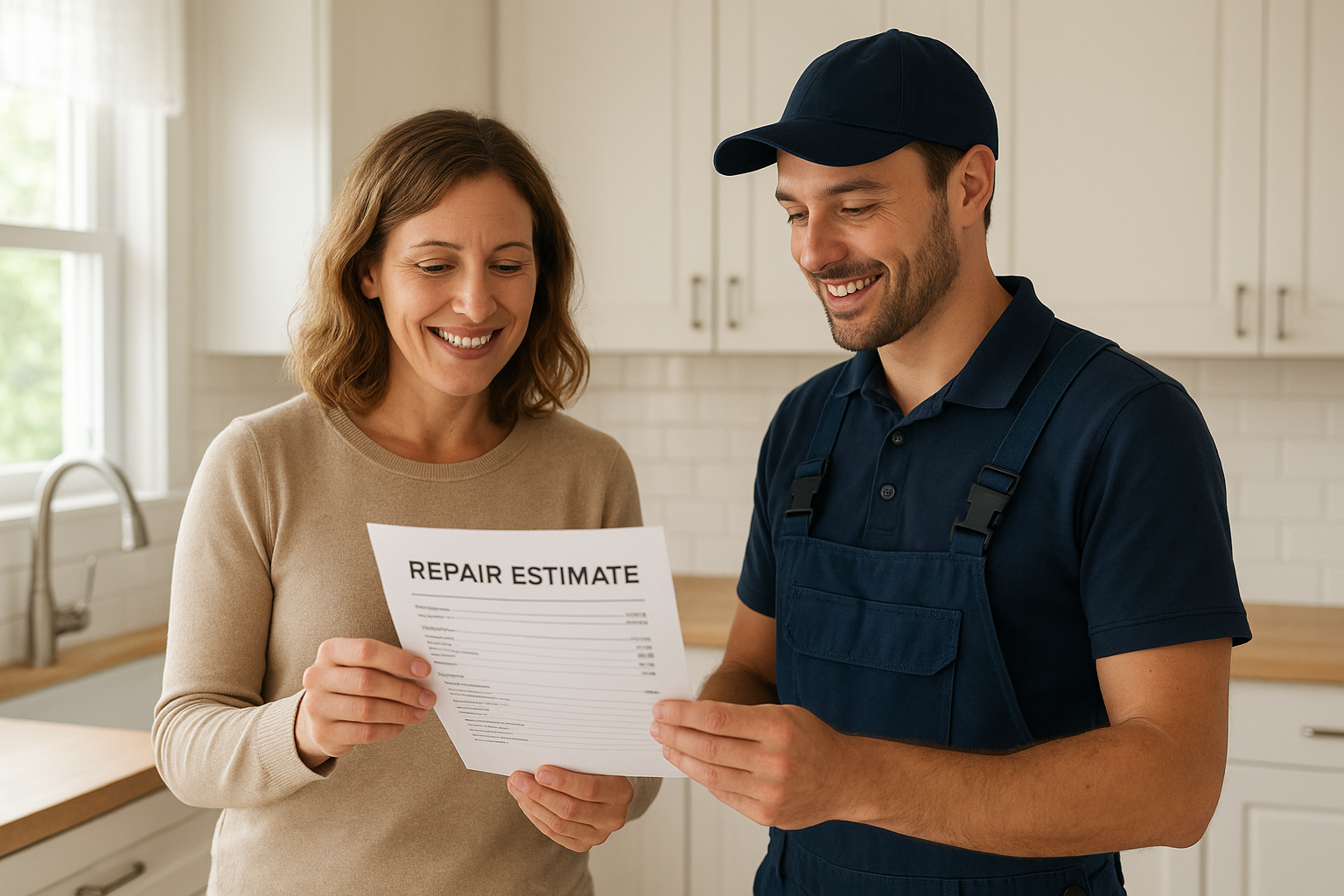 Homeowner reviewing a repair estimate with a technician from a local appliance repair company