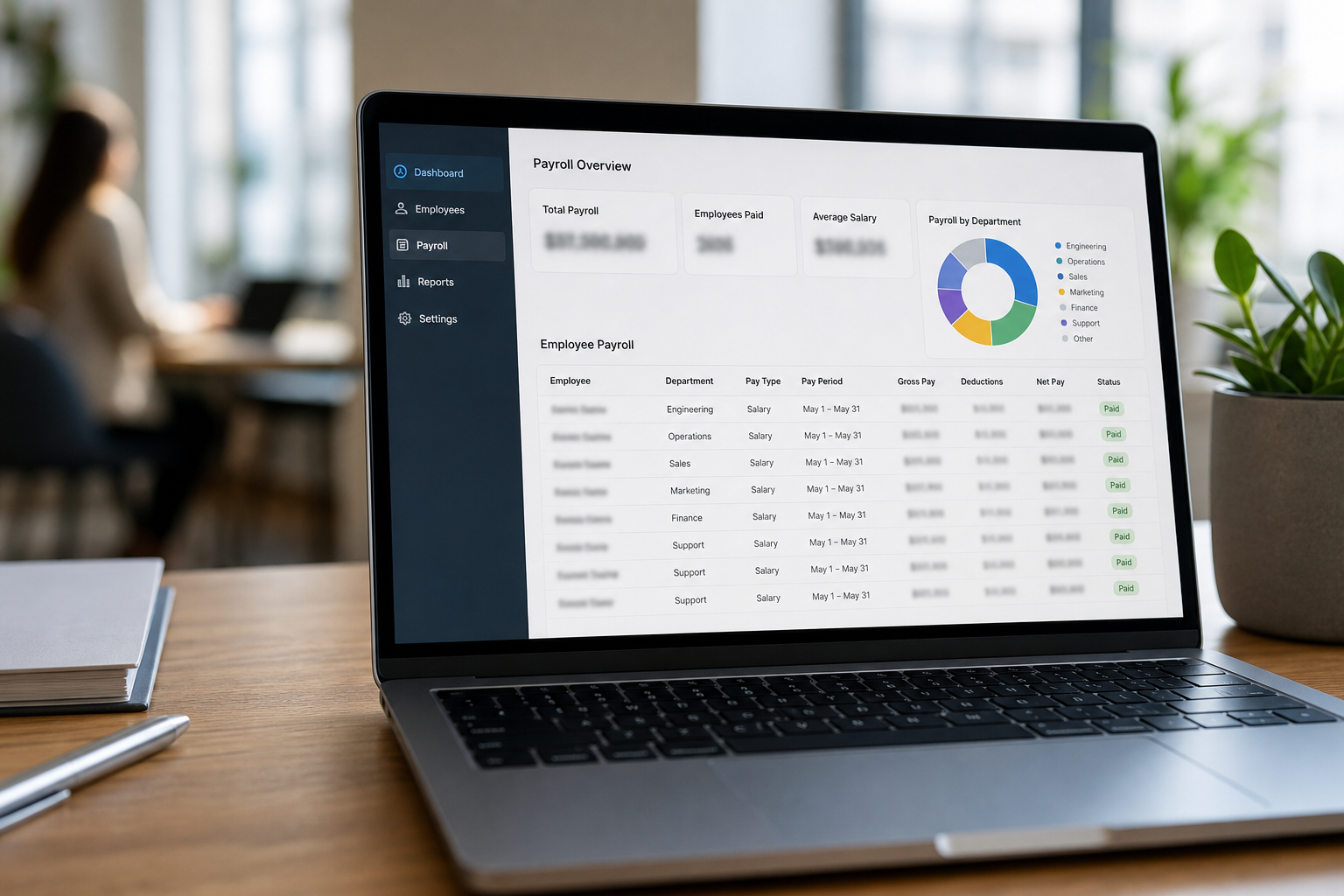 Laptop screen displaying a payroll dashboard with employee pay details