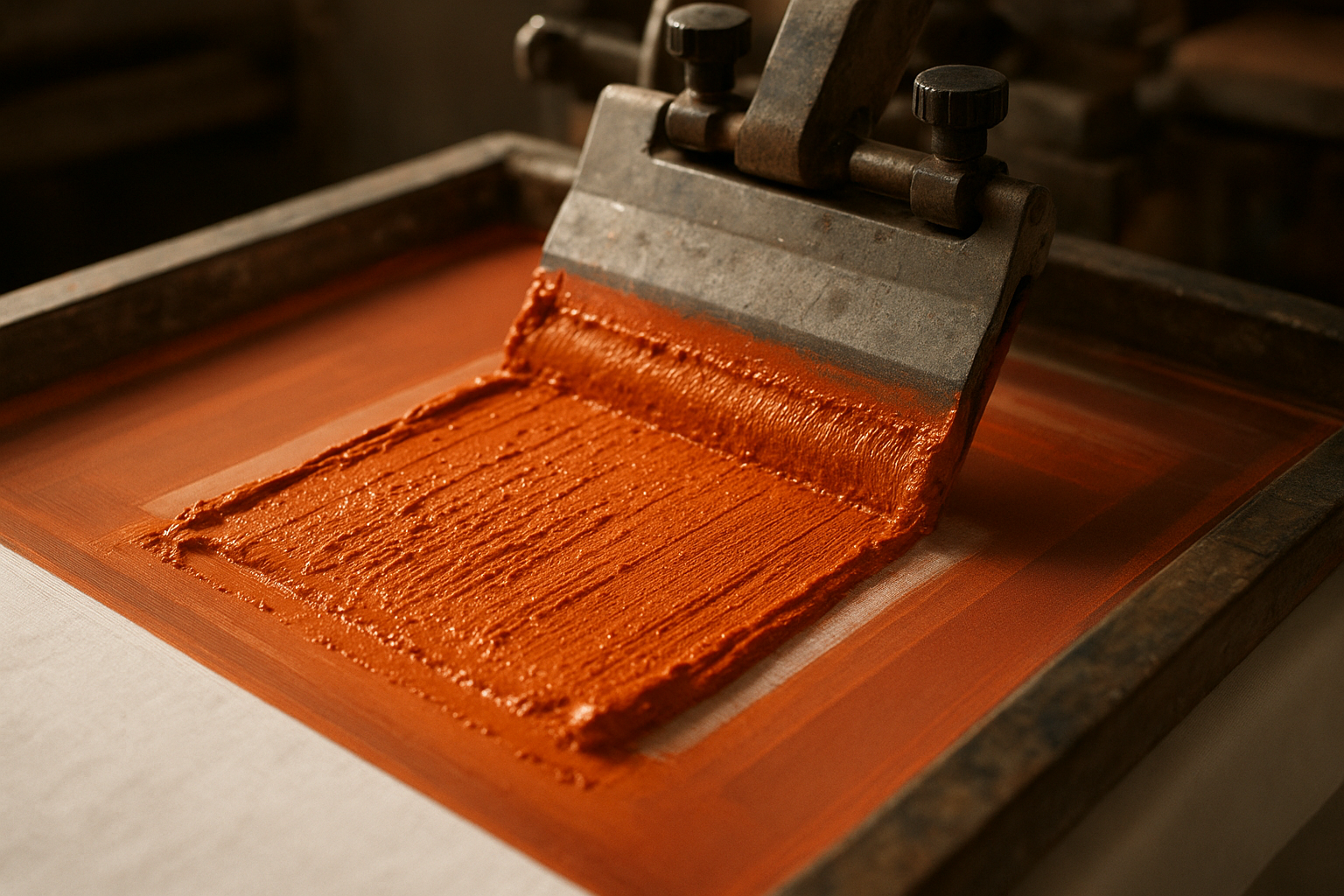Screen printing press applying orange ink to a custom truck apparel design