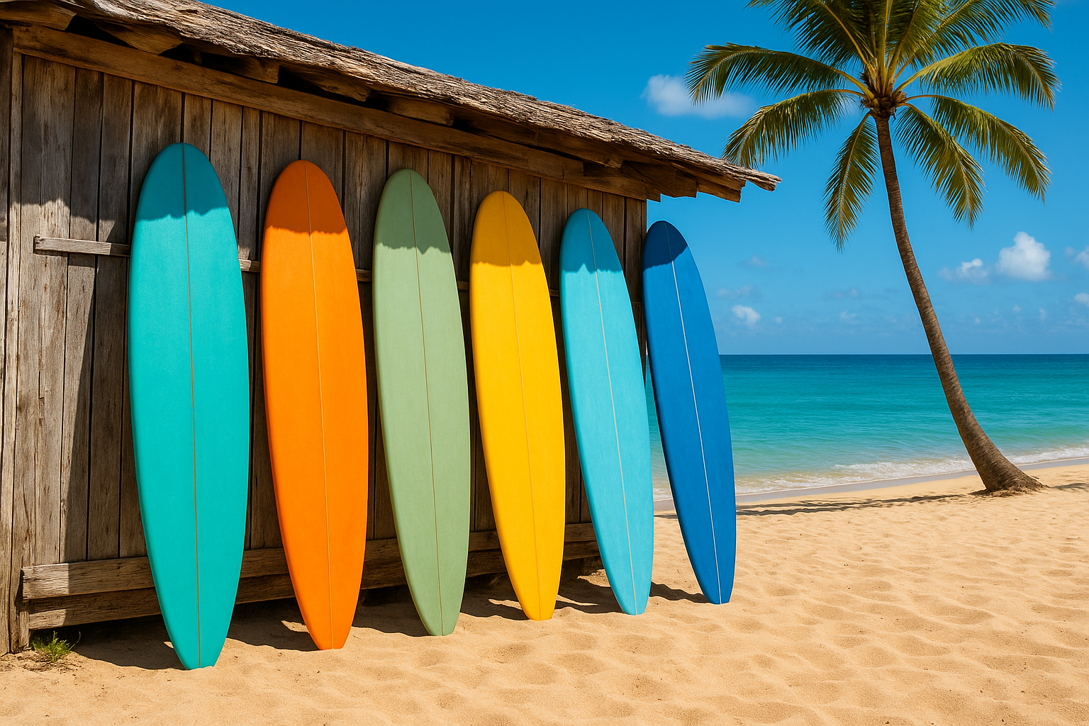 Colorful soft-top longboards for rent lined up outside a Hawaiian surf shack
