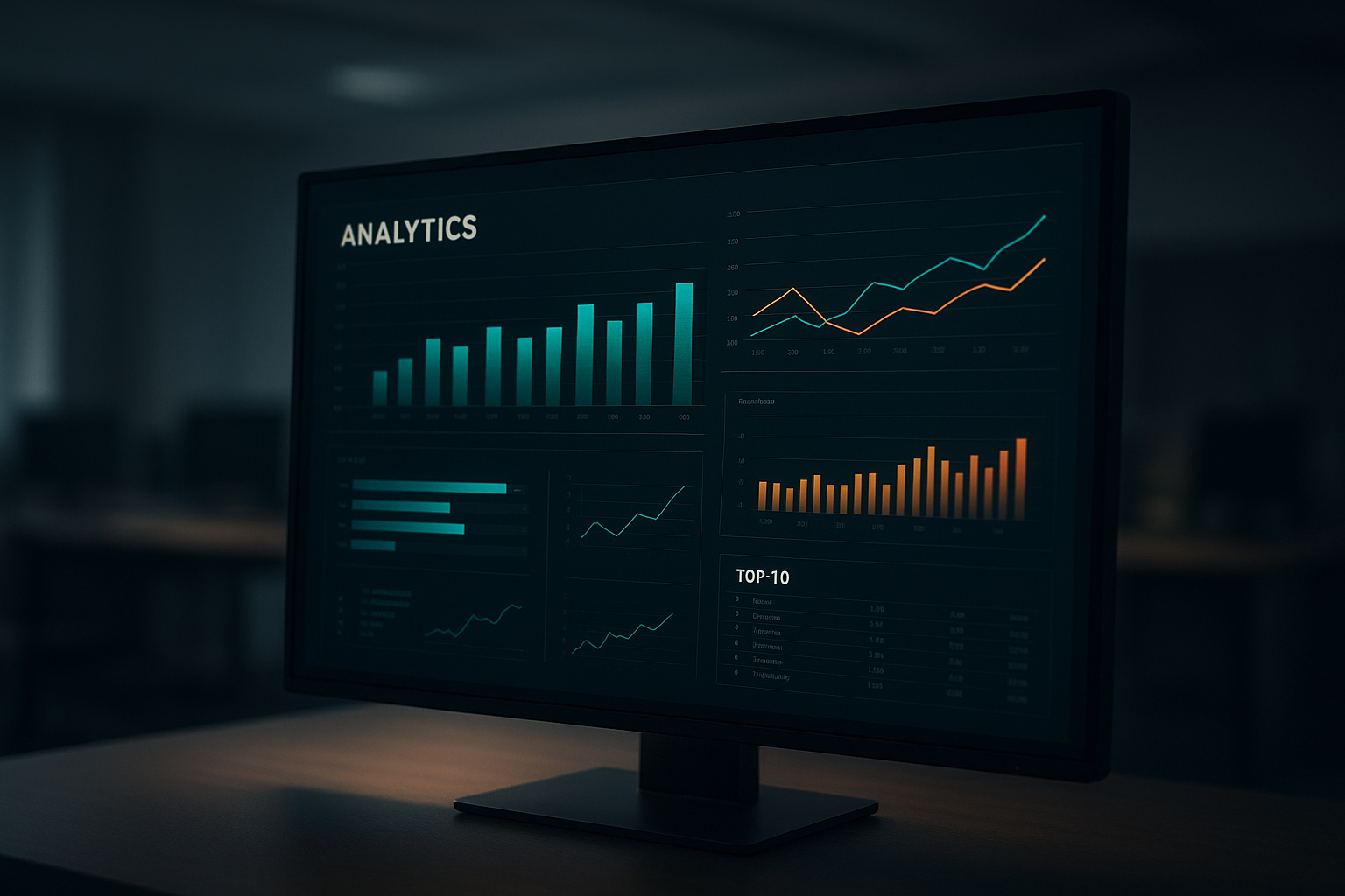 SEO competitor intelligence dashboard displayed on a monitor showing ranking charts and keyword data panels