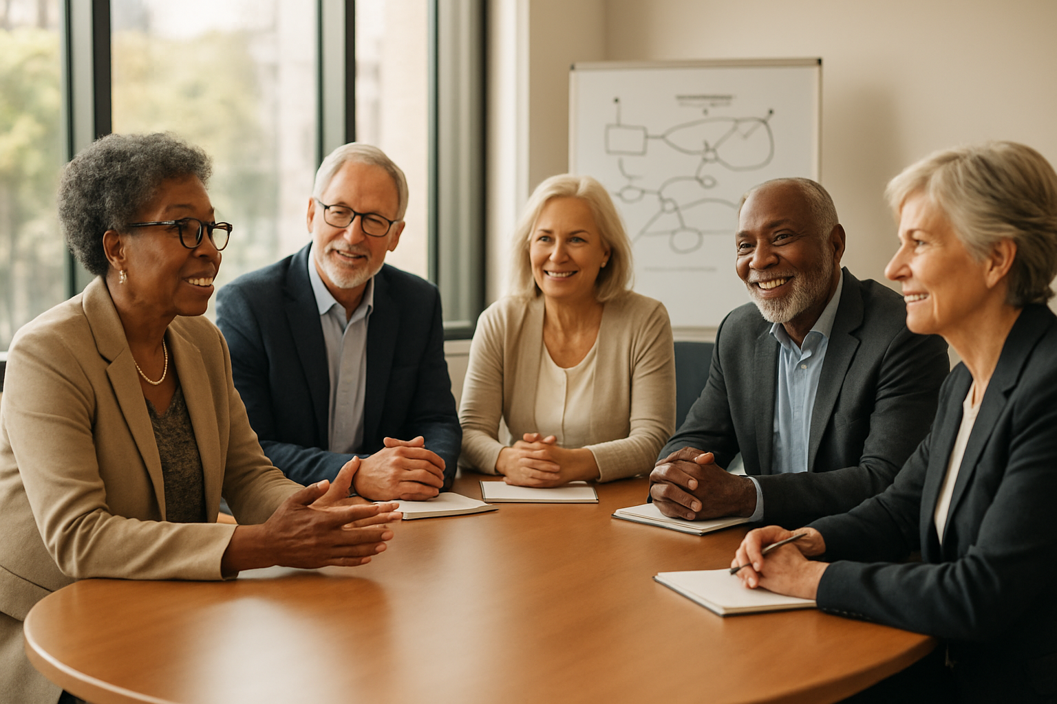 Senior managers participating in a structured training workshop around a conference table