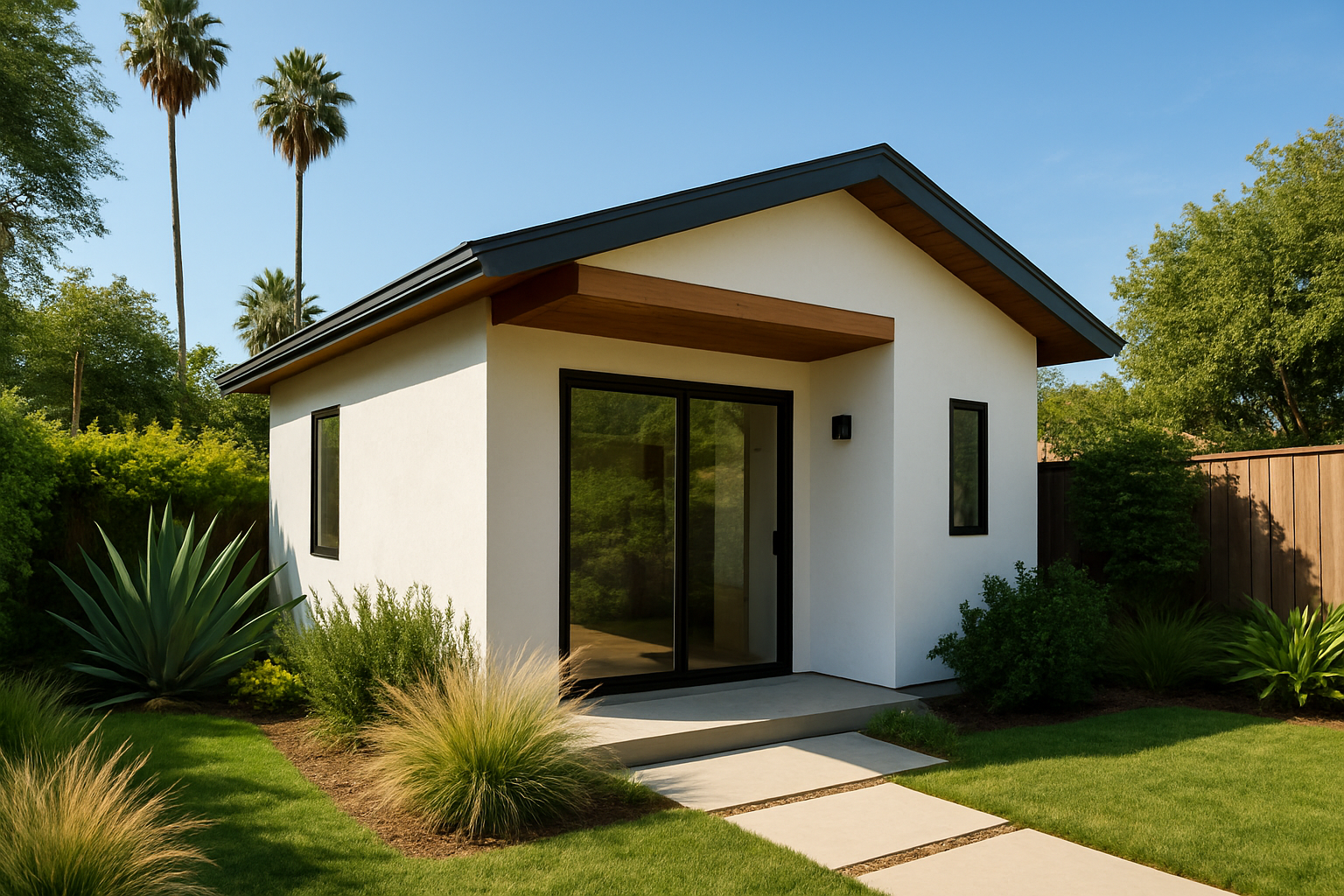 Modern detached ADU built by Long Beach ADU builders in a Southern California backyard
