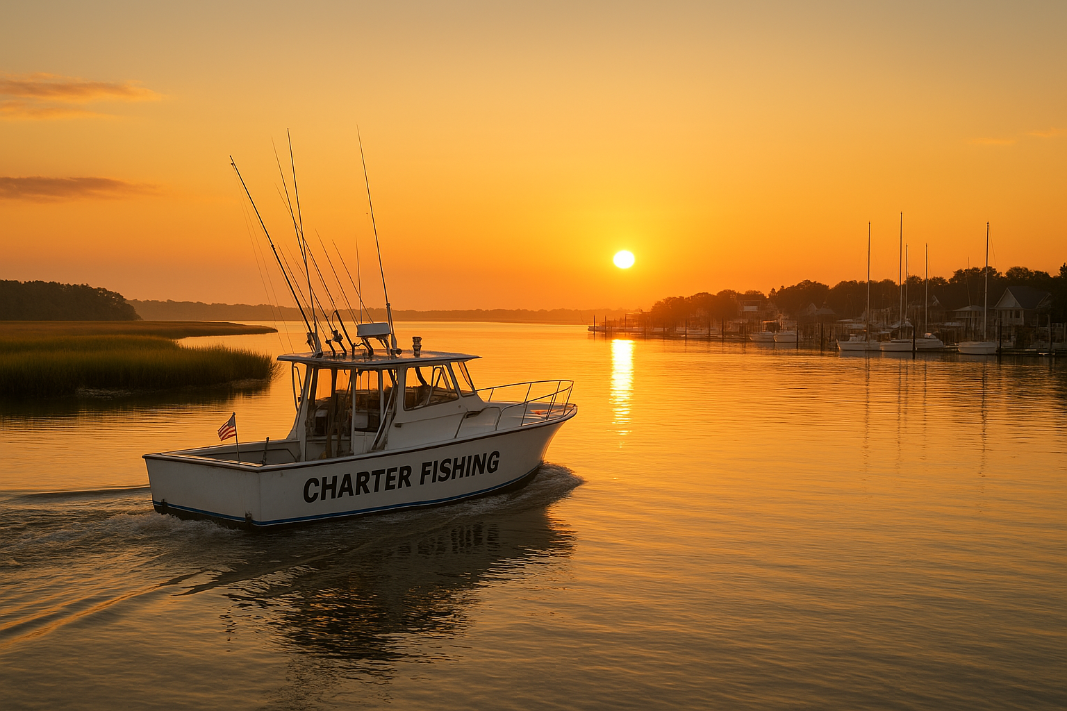 Charter fishing boat departing near Little River Inlet close to Carolina Forest