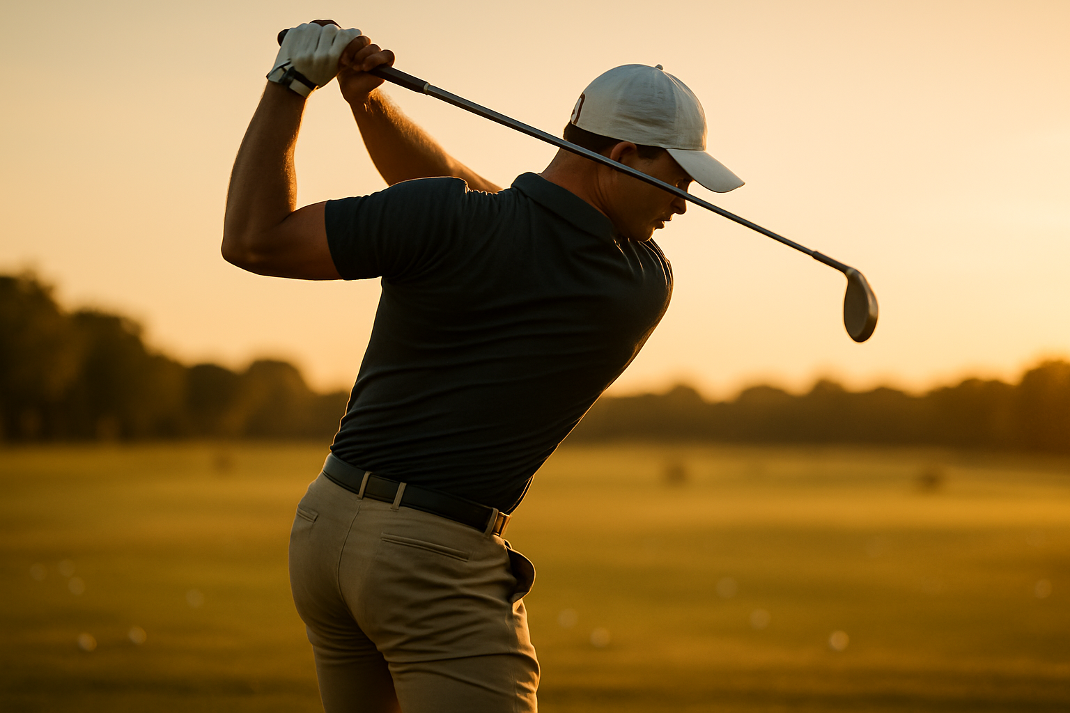 Golfer demonstrating hip rotation technique used to improve golf swing power