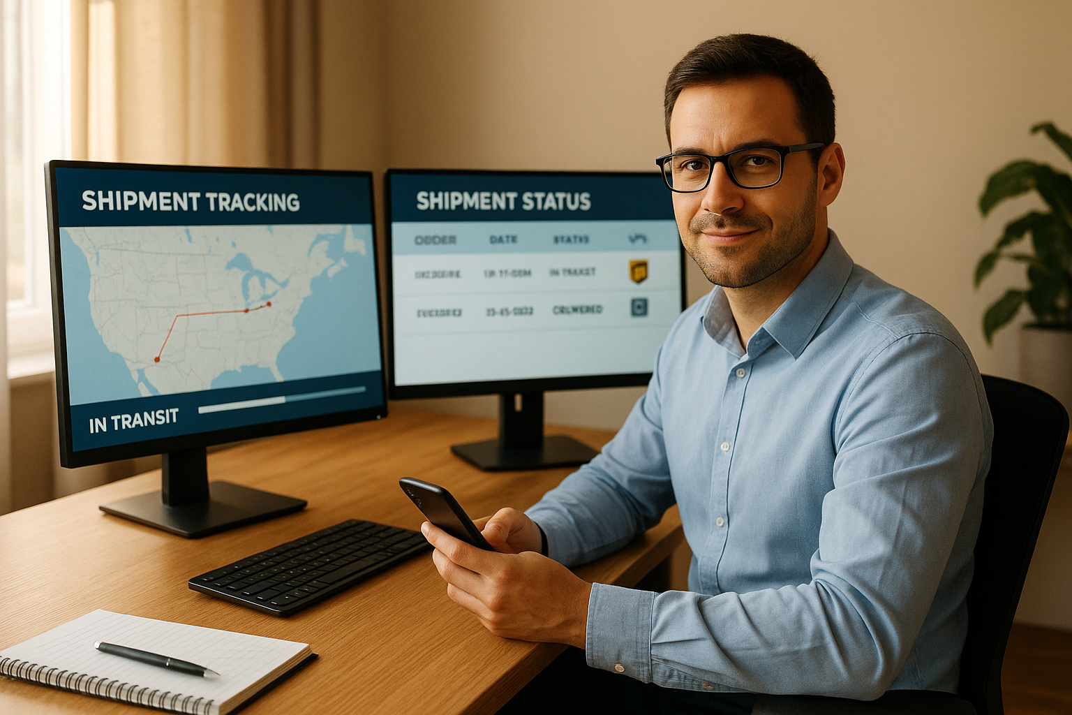 Freight agent coordinating American freight shipments from a home office workstation