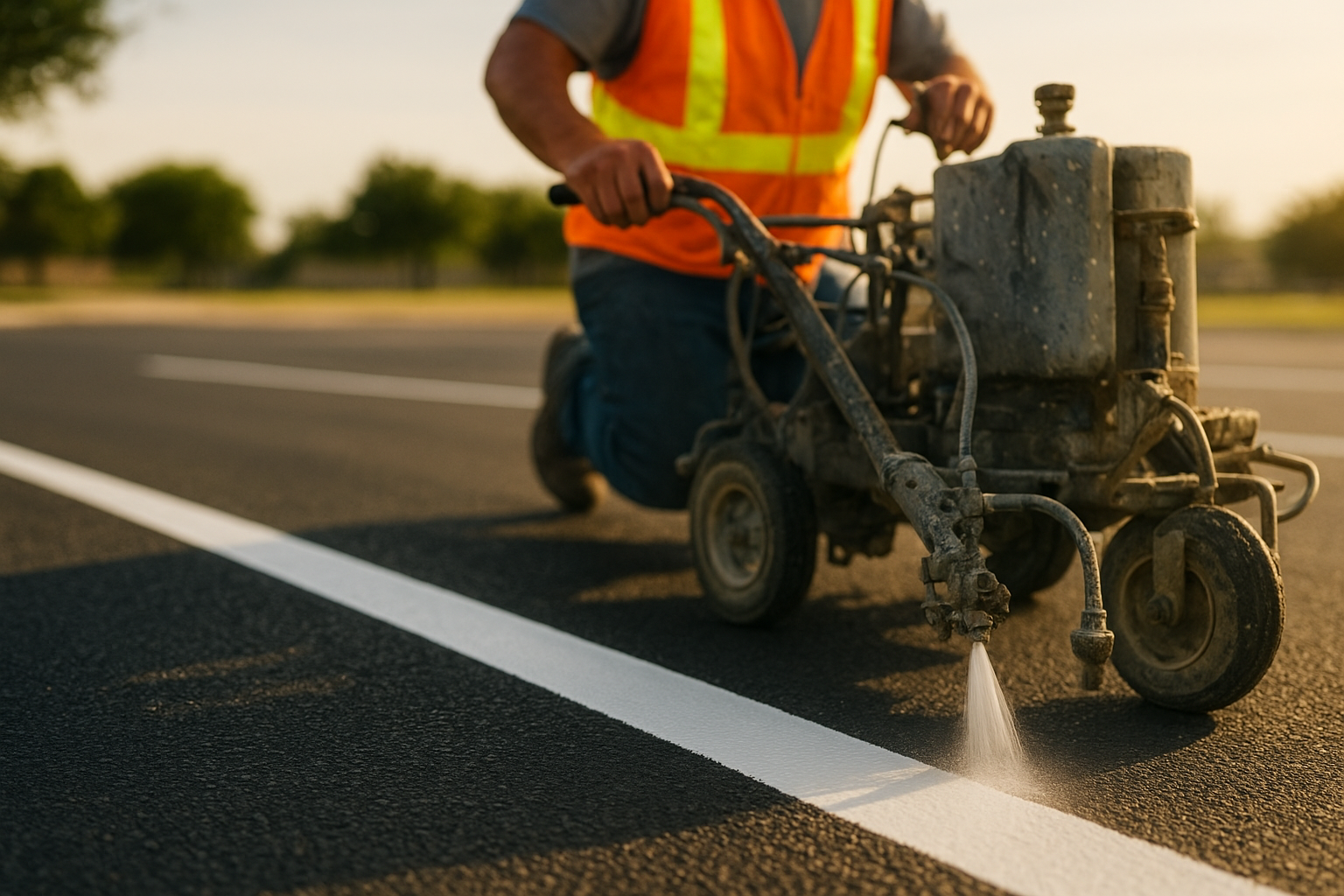 Professional parking lot striping machine applying fresh white paint lines on Texas asphalt during a commercial lot marking project