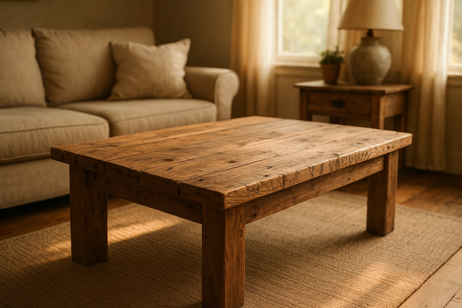 Reclaimed wood coffee table with natural grain in a sunlit farmhouse living room