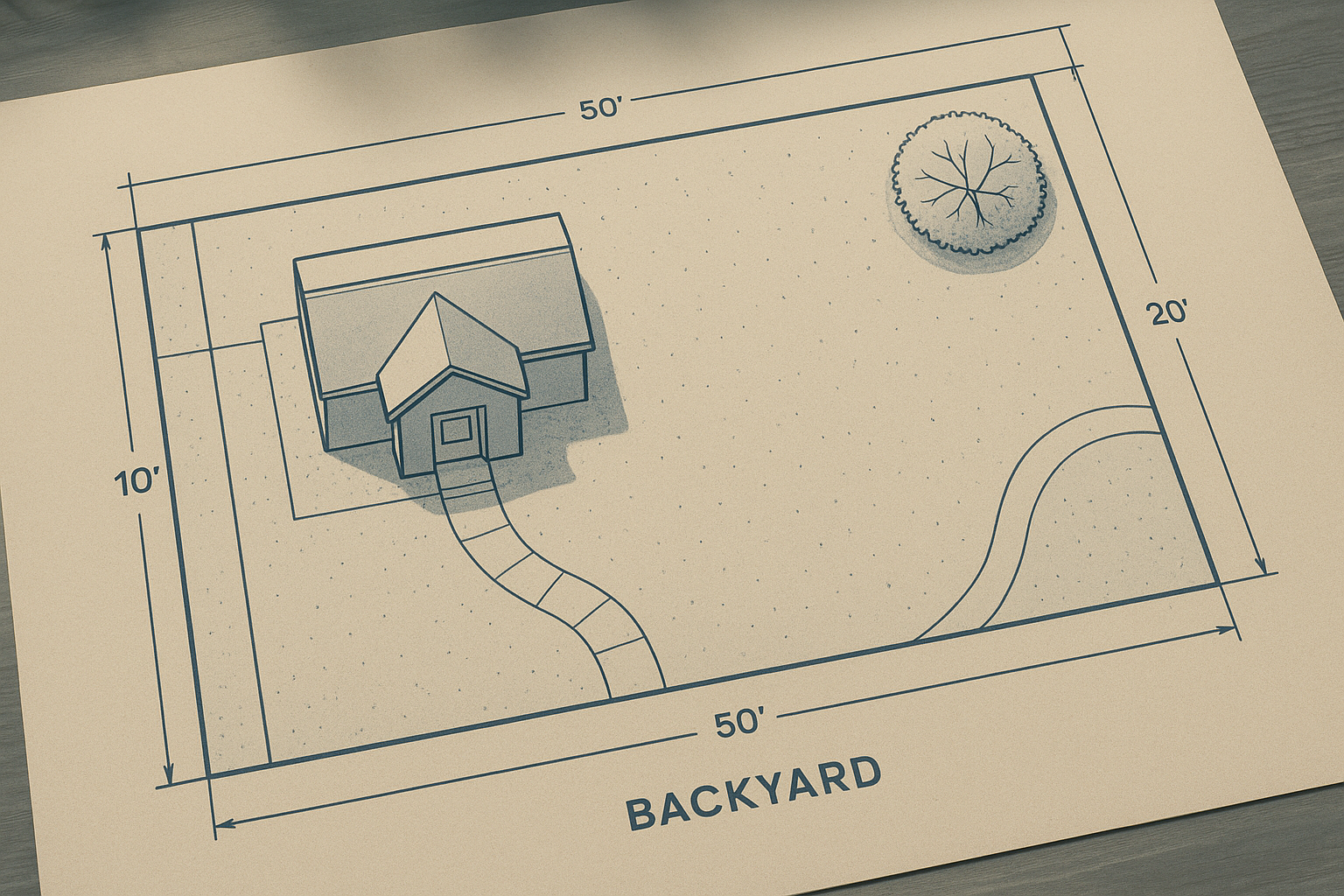 Overhead blueprint used during a site assessment for ADU lot feasibility