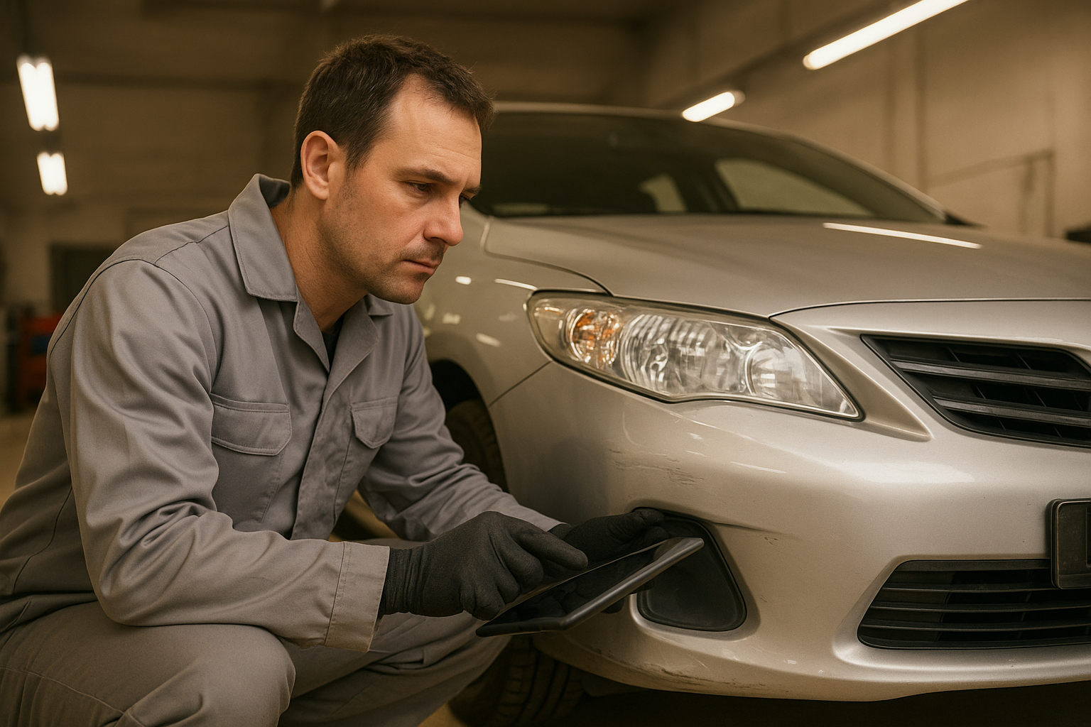 Auto body technician performing a free estimate inspection on a damaged silver sedan