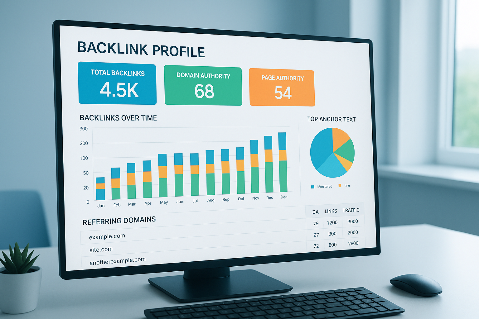 Backlink rank checker dashboard showing domain authority scores and referring domain metrics